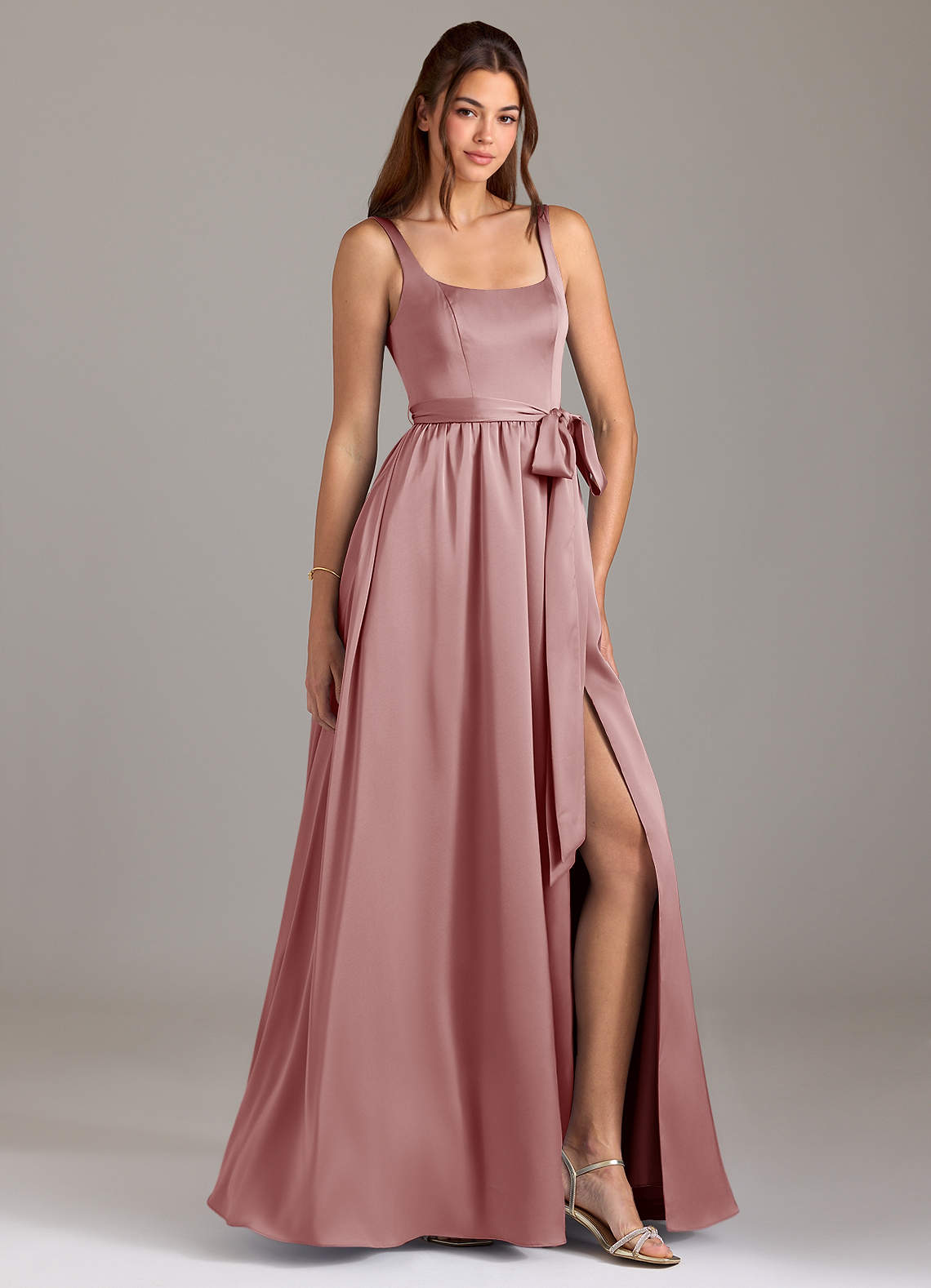 Azazie Elliott Vestidos de damas de honor Vestido de Rosa Polvorienta de Satén Elástico de Corte en A con Con bolsillos image1
