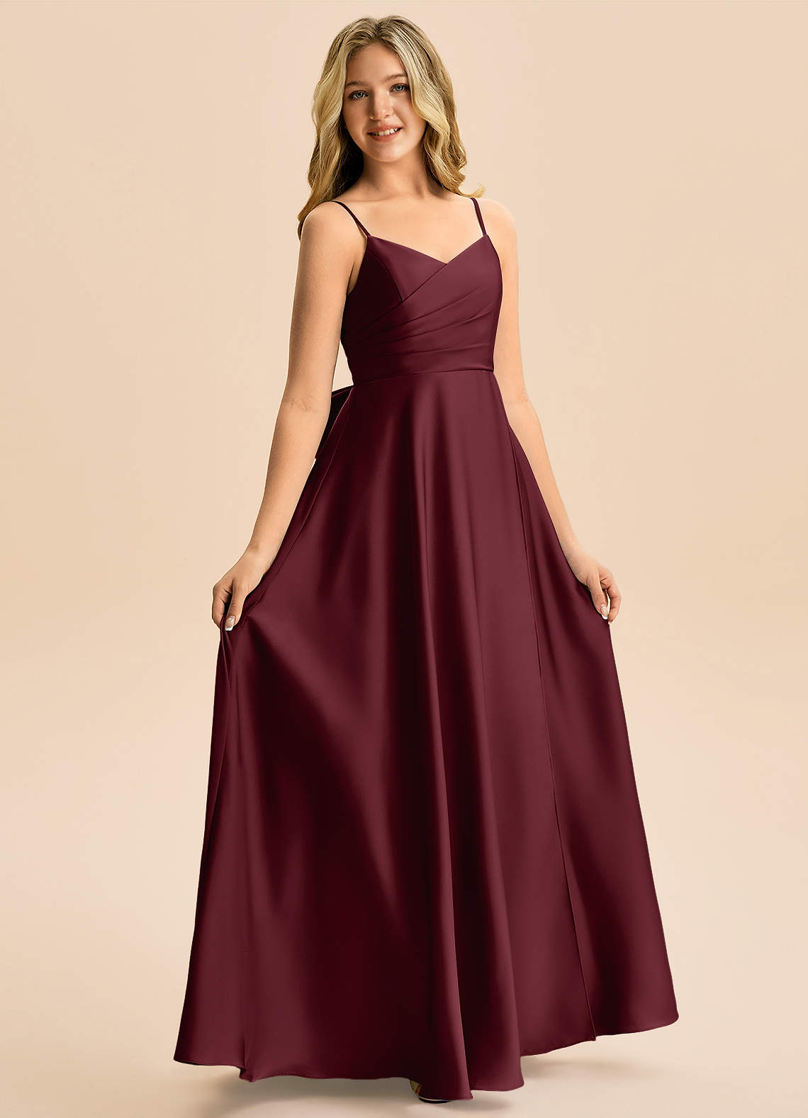 Azazie Rumi Junior Linia A Pofałdowany Satyna elastyczna Długość podłogi Młodsza druhna Sukienka image4