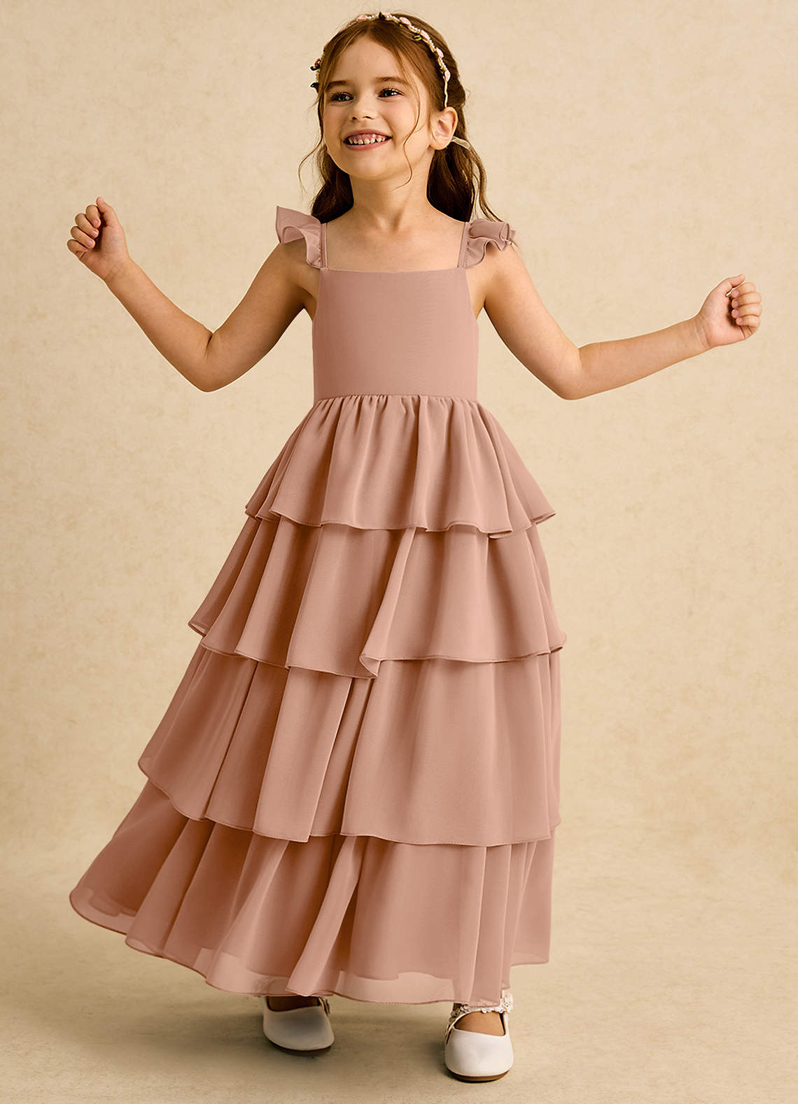 Azazie Boba vestidos de niña de las flores Vestido de Champán Rosado de Gasa de Corte En A con Escote Cuadrado image1