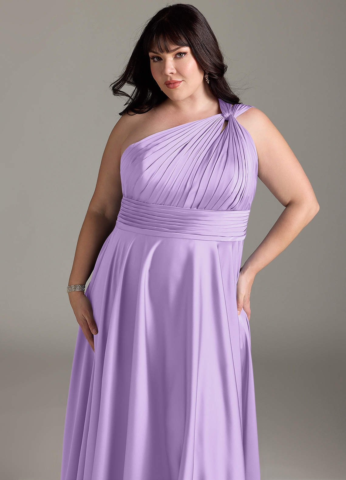 Azazie Charlize Bridesmaid Dresses Lilac A-Line One Shoulder Stretch Satin Dress image13