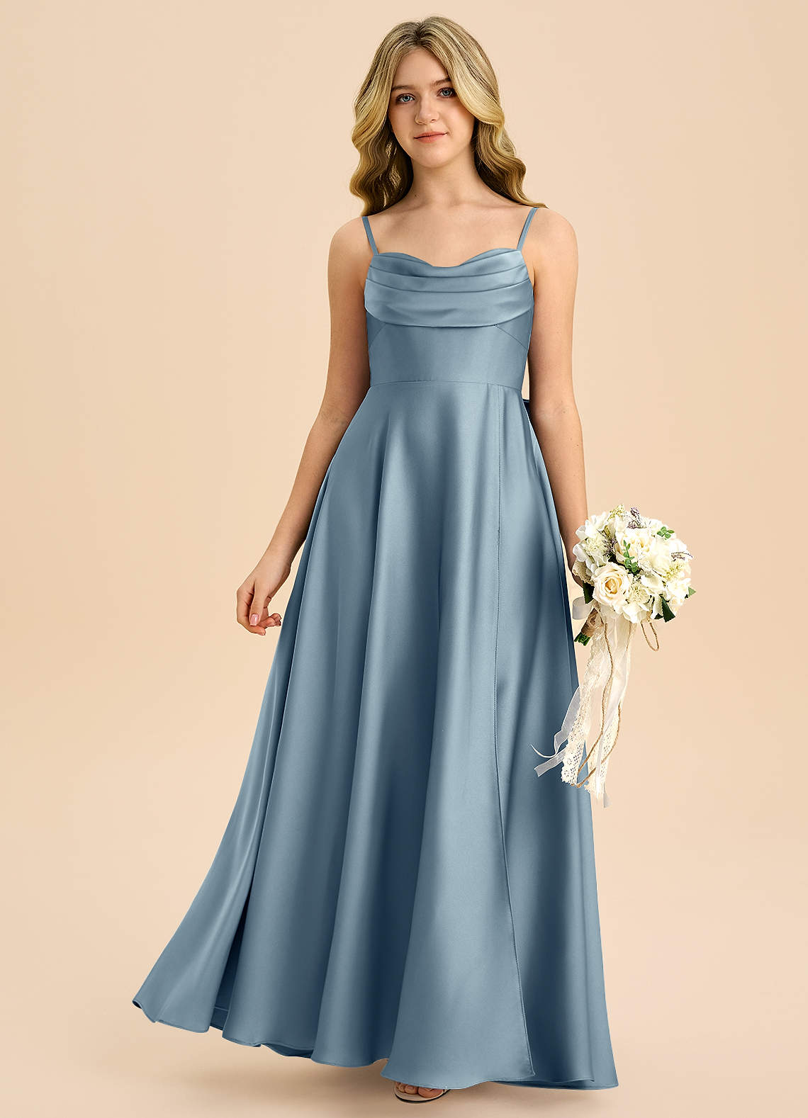 Azazie Bear Junior Dusty Blue A-Line Sweetheart Neckline Stretch Satin Dress image2