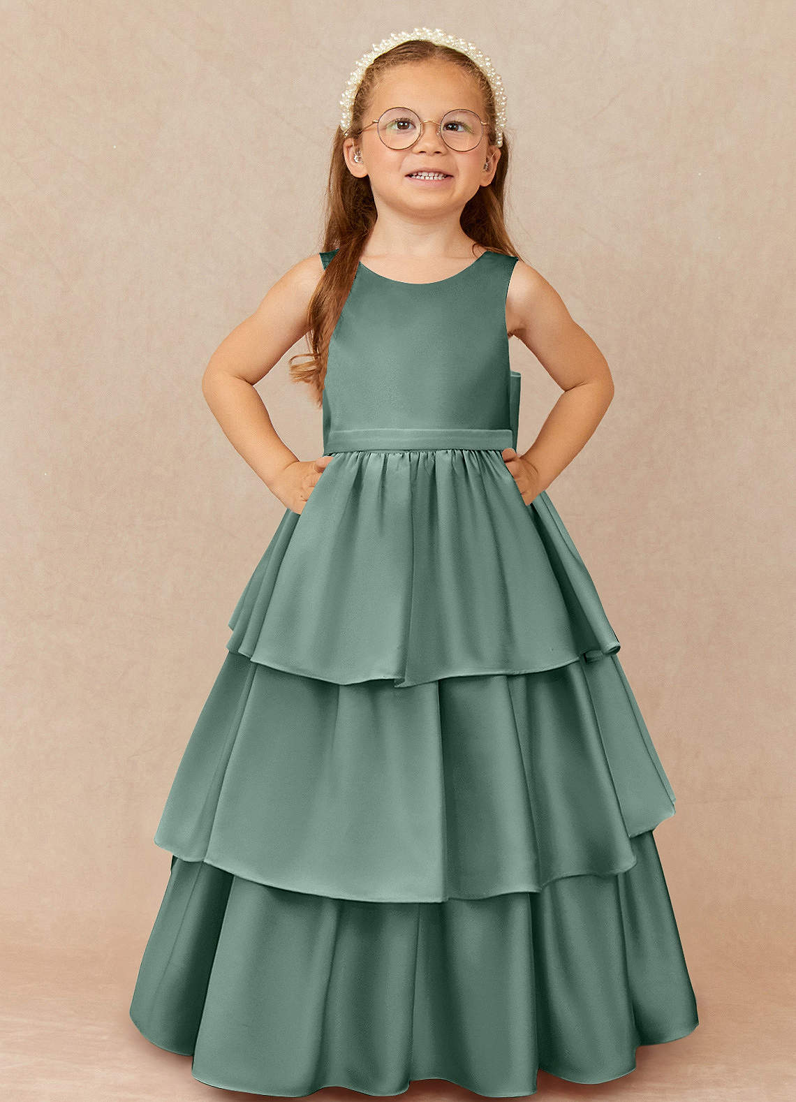 Azazie Margie Flower Girl Dresses Eucalyptus A-Line Bow Stretch Satin Dress image1
