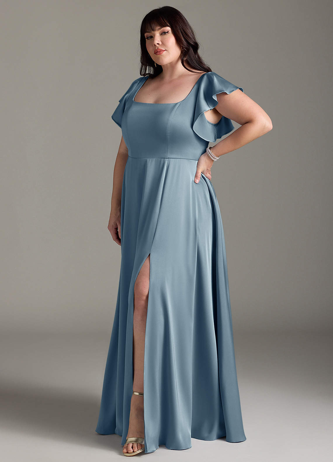 Azazie Bondi Bridesmaid Dresses Dusty Blue A-Line Bow Stretch Satin Dress image8