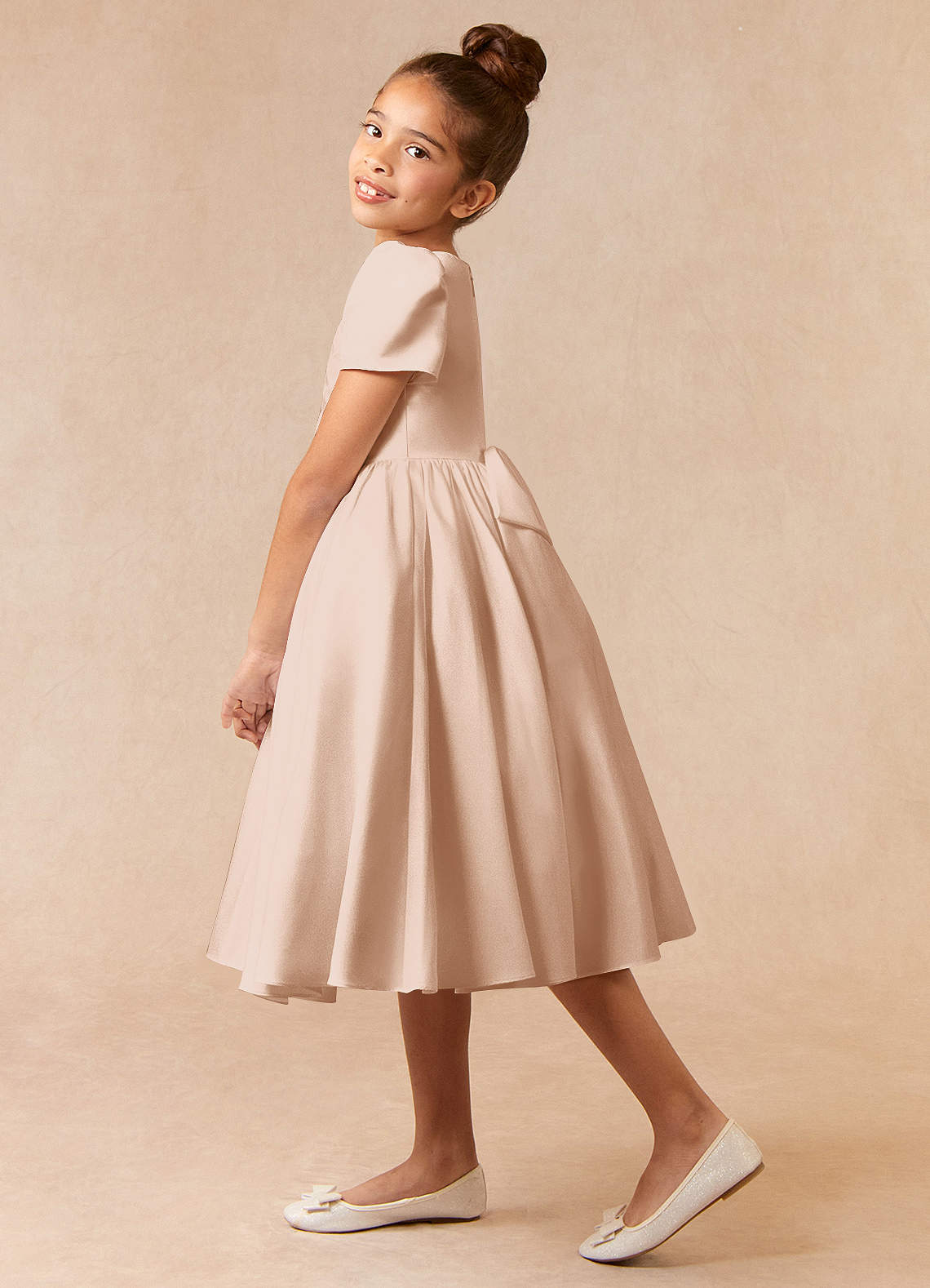 Elegant Pleated Scoop Neck Satin Tea-Length Dress Fuchsia