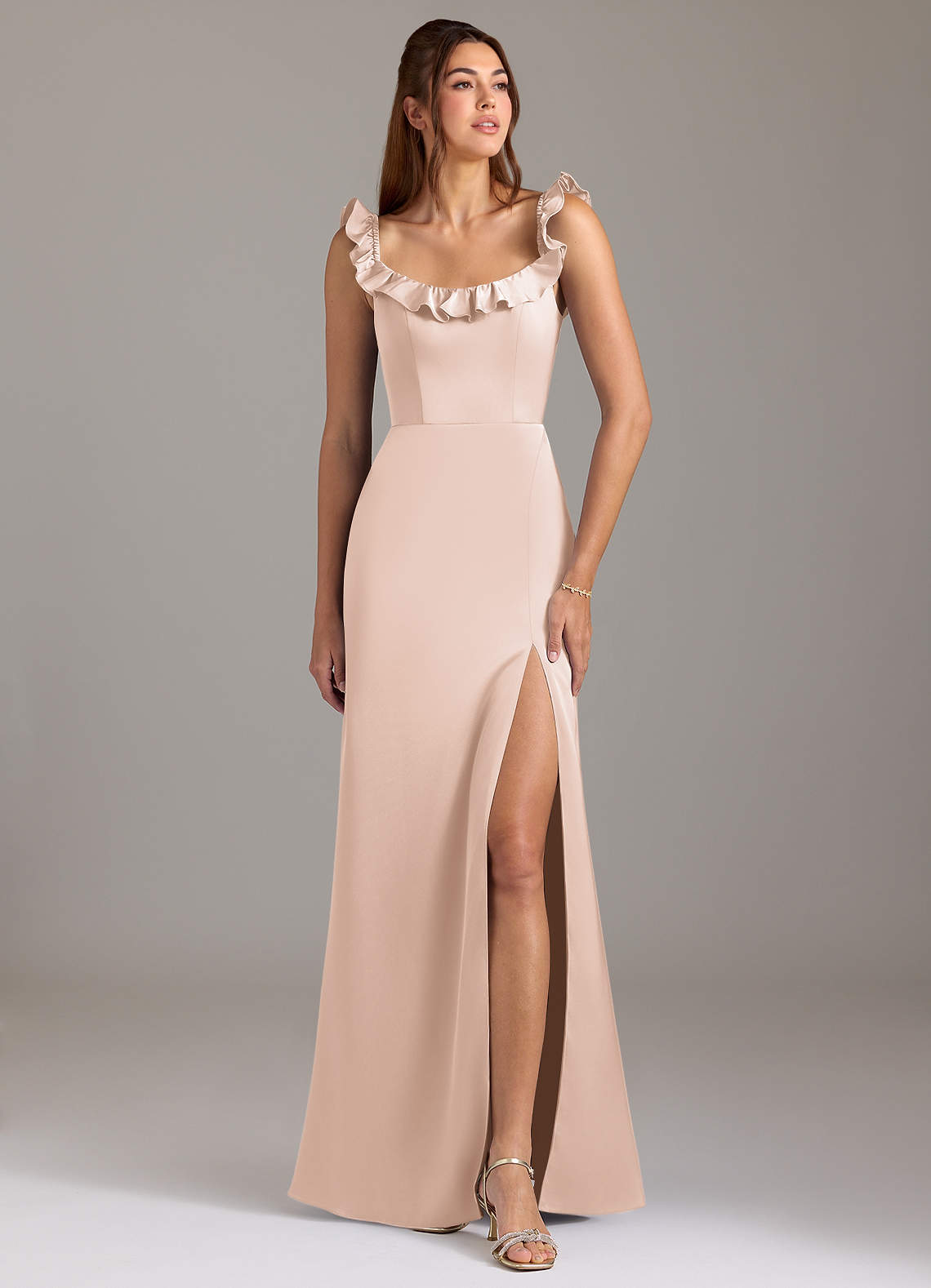 Azazie Callie Bridesmaid Dresses Blushing Pink A-Line Ruched Stretch Satin Convertible Dress image1