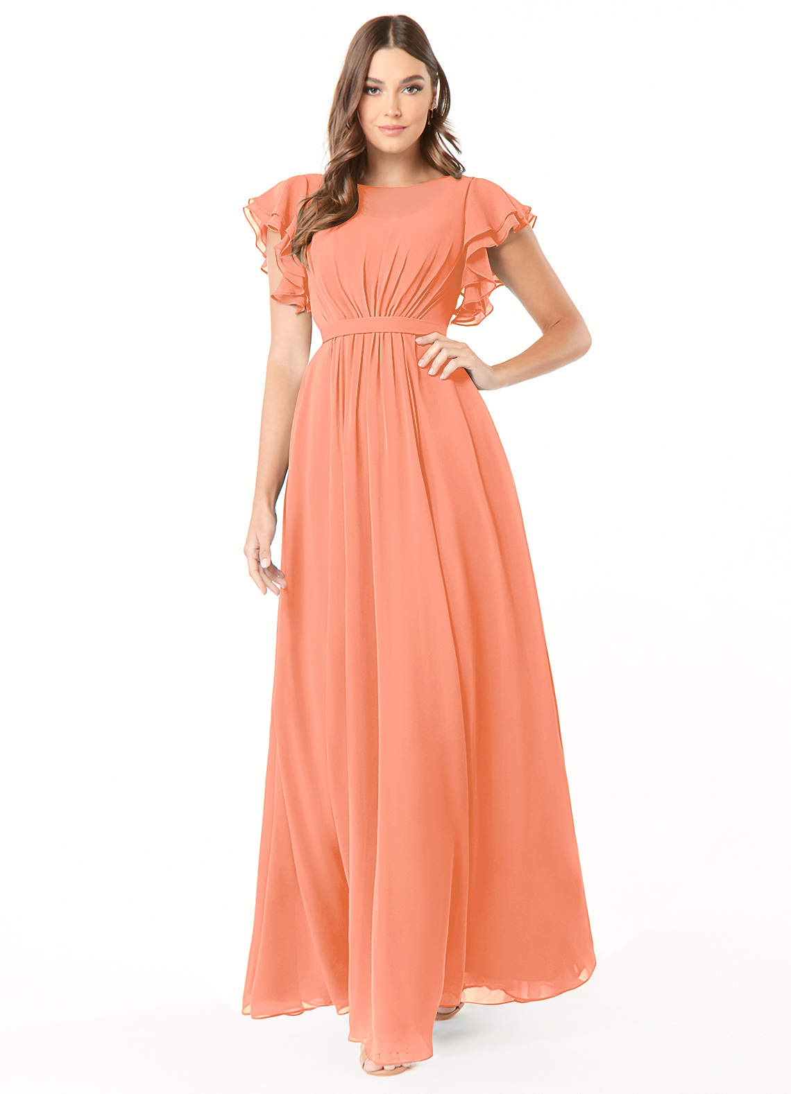 Azazie Daphne Modest Bridesmaid Dresses A-Line Ruffled Chiffon Floor-Length Dress image1