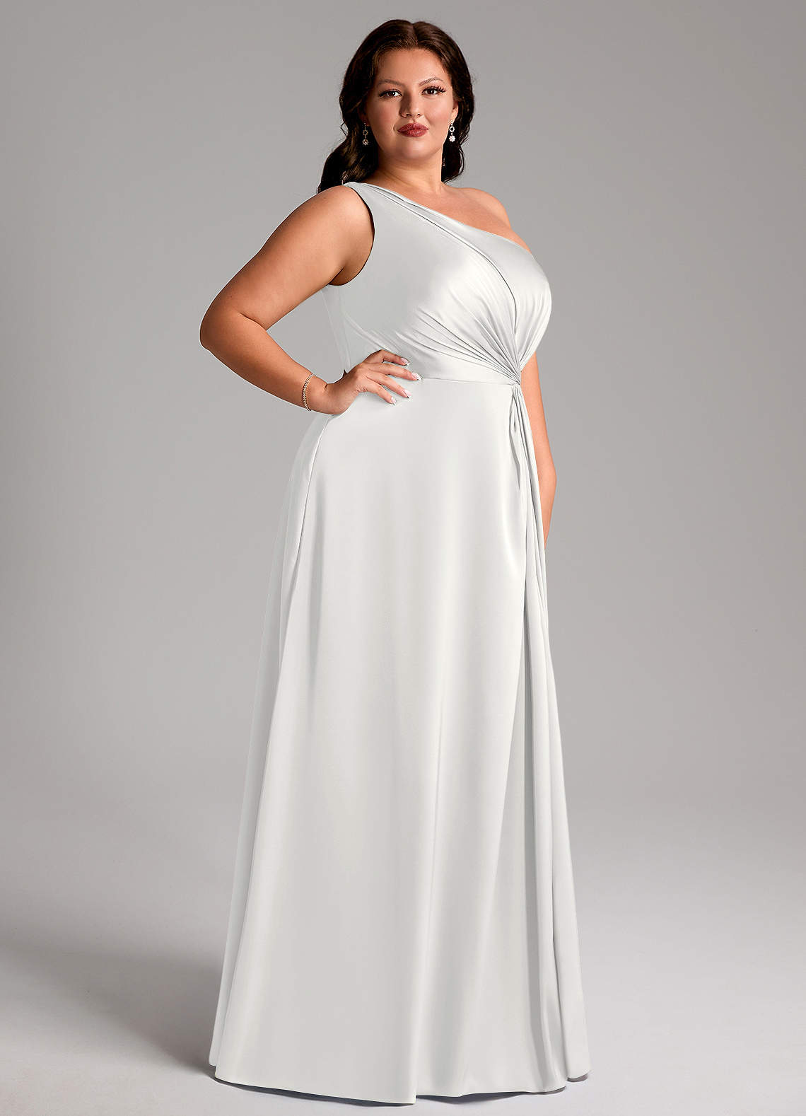 Azazie Brooke Vestidos de madrinha de casamento Vestido Branco de Cetim elástico de Linha A com Um ombro image10