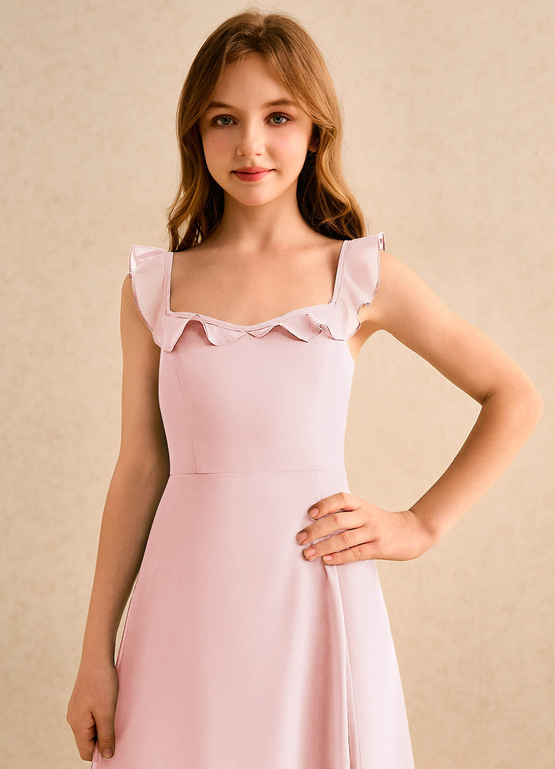 Azazie Chip Girls Formal Kukkatyttöjen mekot A-linja Hihaton Sifonki Lattian pituus Pukeutua image5