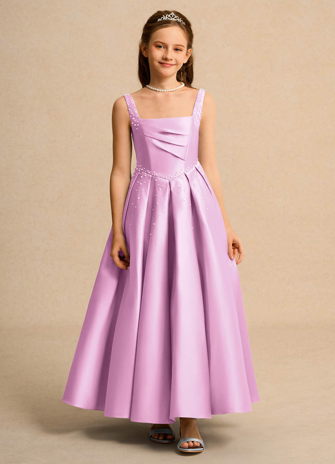 Azazie Mochi Girl Flower Girl Dresses Candy Pink Ball-Gown Pleated Matte Satin Dress image1