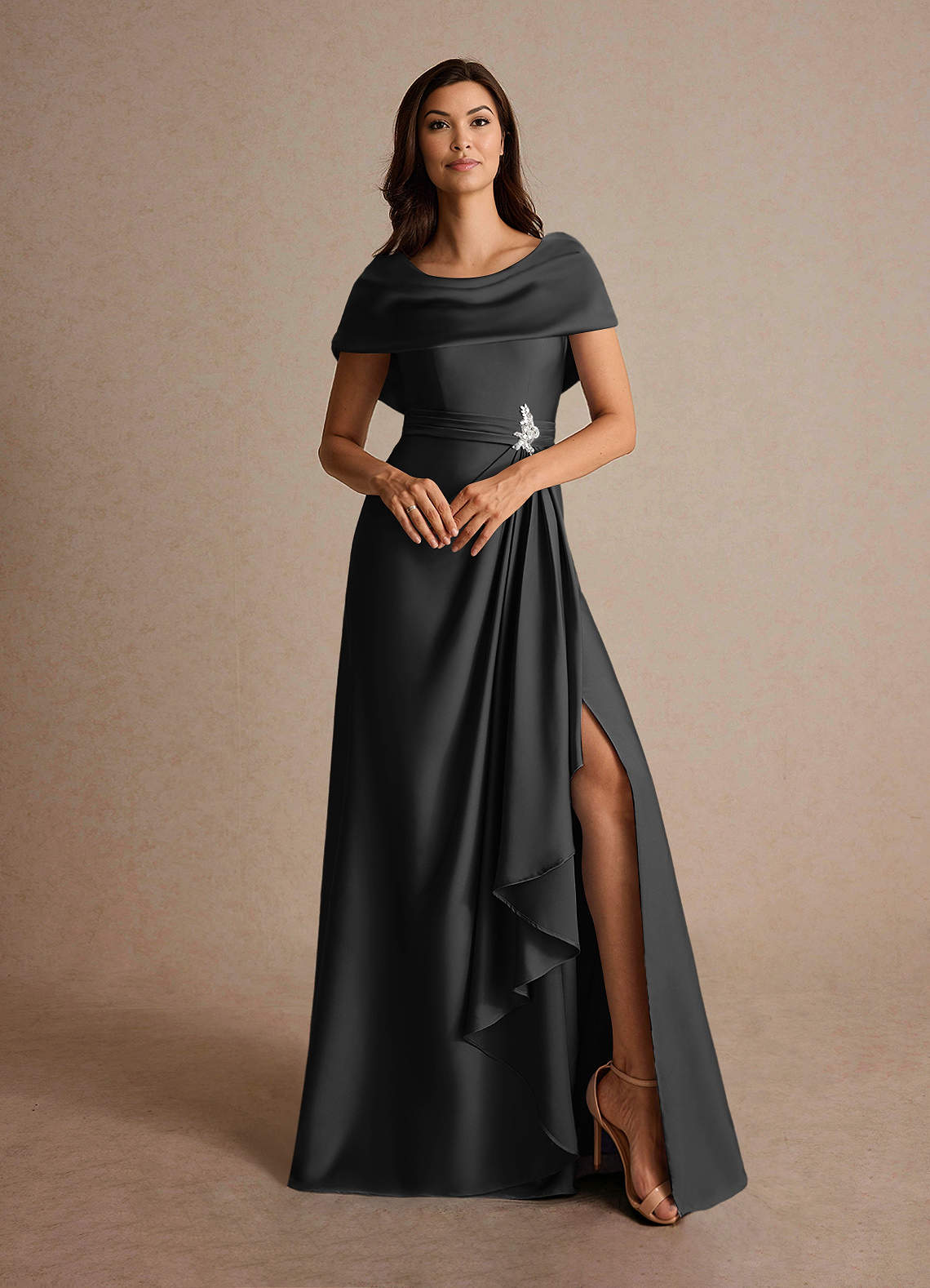 Azazie Branford Mother of the Bride Dresses Black A-Line Pleated Stretch Satin Dress image6
