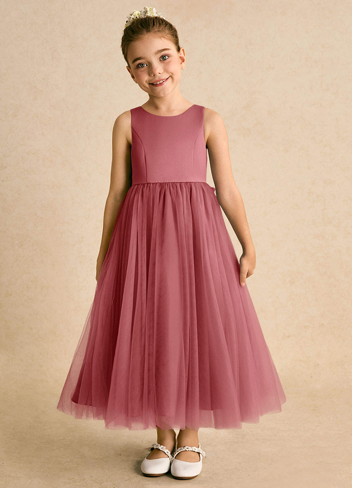 Azazie Solia Robe Demoiselle D'honneur Fillette Robe Princesse en Tulle Arc Antique Rose image2