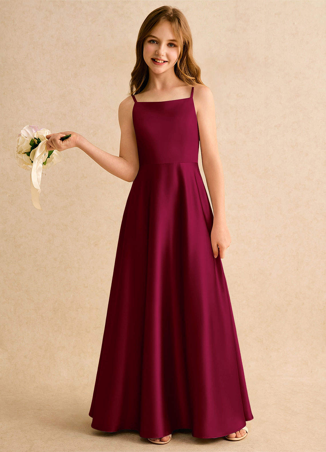 Azazie Joella Girls Formal Flower Girl Dresses Burgundy A-Line Pleated Stretch Satin Dress image1