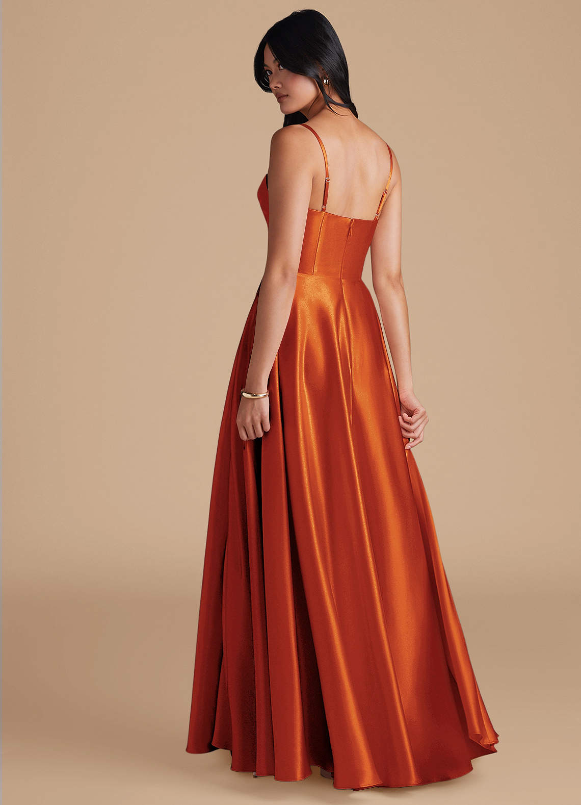 Azazie A-Line Cowl Neck Floor-Length Metallic Satin Bridesmaid Dresses - Paprika