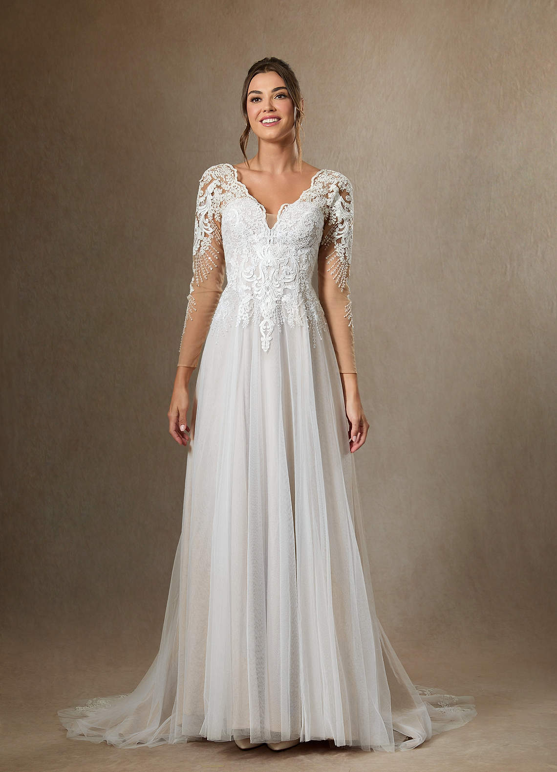 Azazie Essy Wedding Dresses Diamond White A-Line V-Neck Sequins Tulle Dress image7