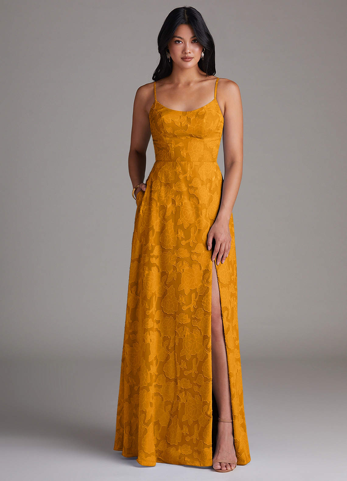 Azazie Moira Bridesmaid Dresses Butterscotch A-Line Side Slit Floral Burnout Dress image1