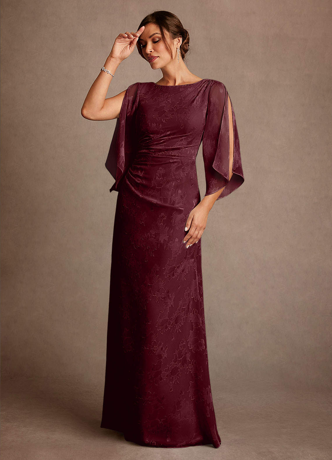 Azazie Anaheim Cabernet Sheath Pleated Floral Burnout Dress | Azazie