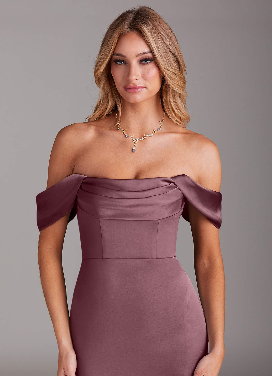 Azazie Saige At-home Try On Dresses Amethyst Sheath Off the Shoulder Stretch Satin Dress image6