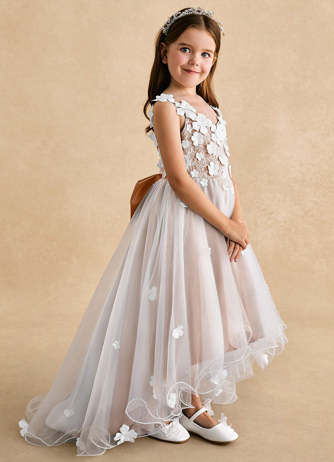 Azazie Celia Flower Girl Dresses Champagne Rose A-Line Lace Tulle Dress image2
