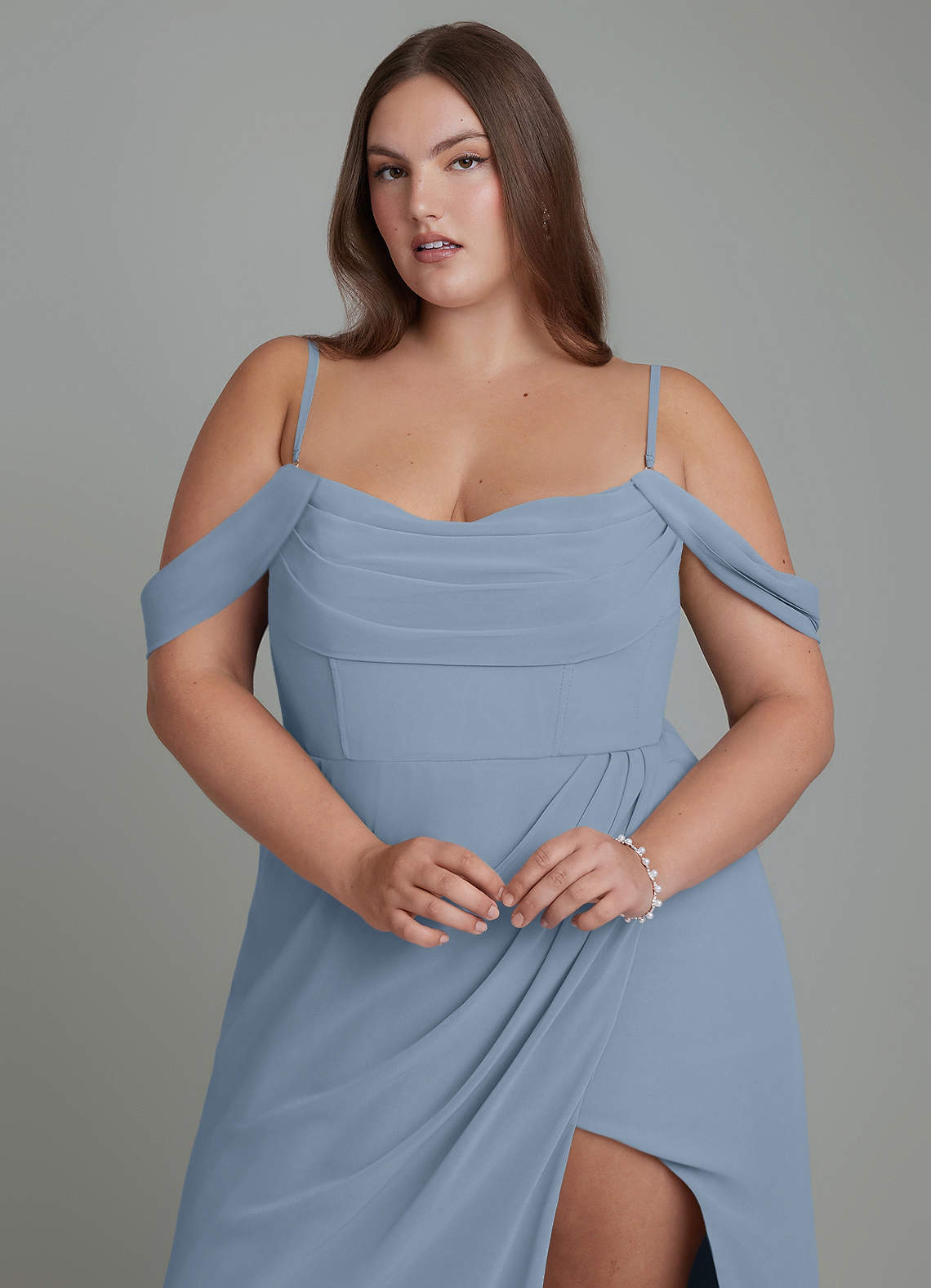 Azazie Johana Bridesmaid Dresses Dusty Blue Mermaid Off the Shoulder Chiffon Convertible Dress image9