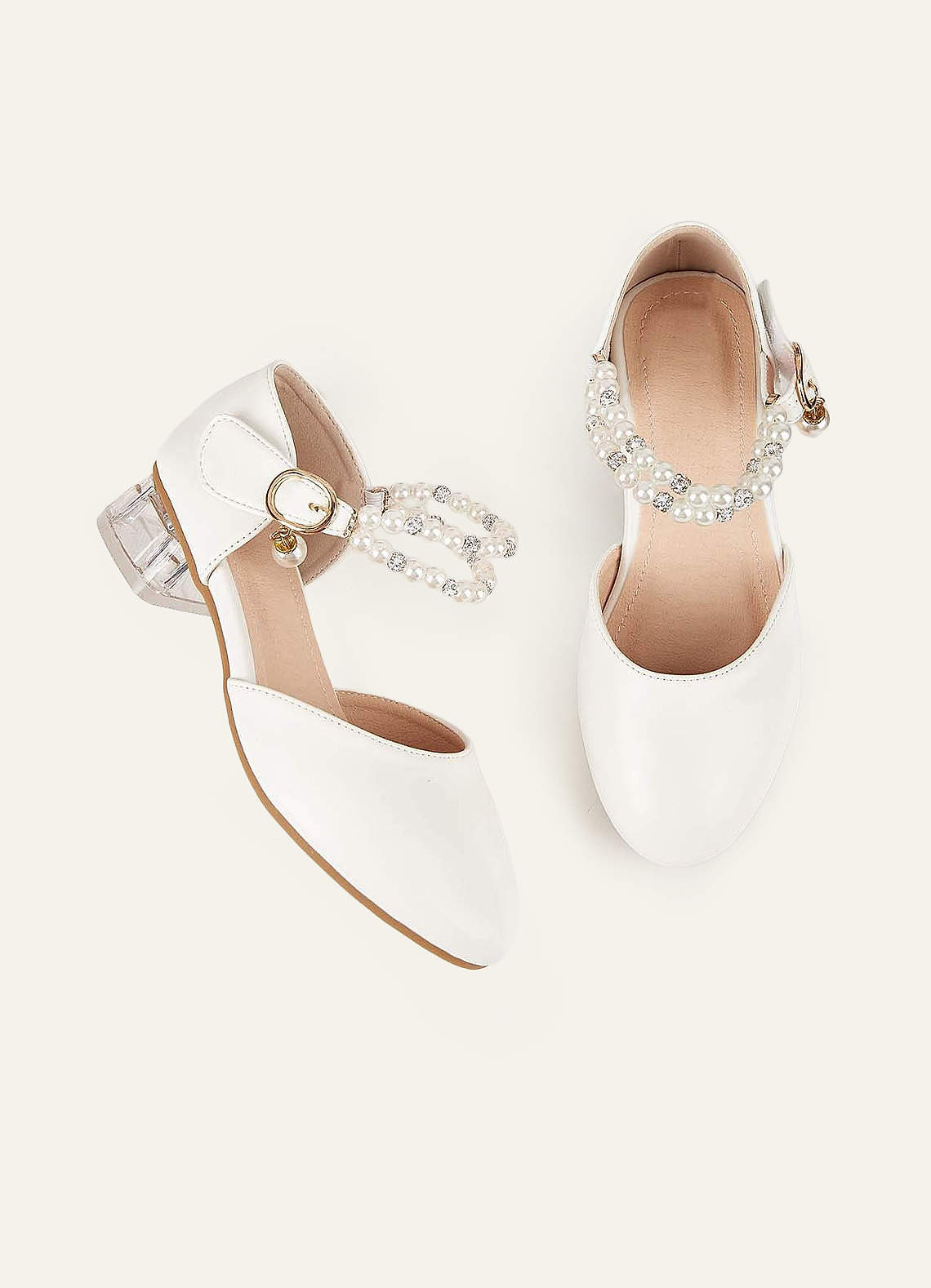 front Escarpins à talons carrés avec brides perlées pour petites filles, petites et grandes