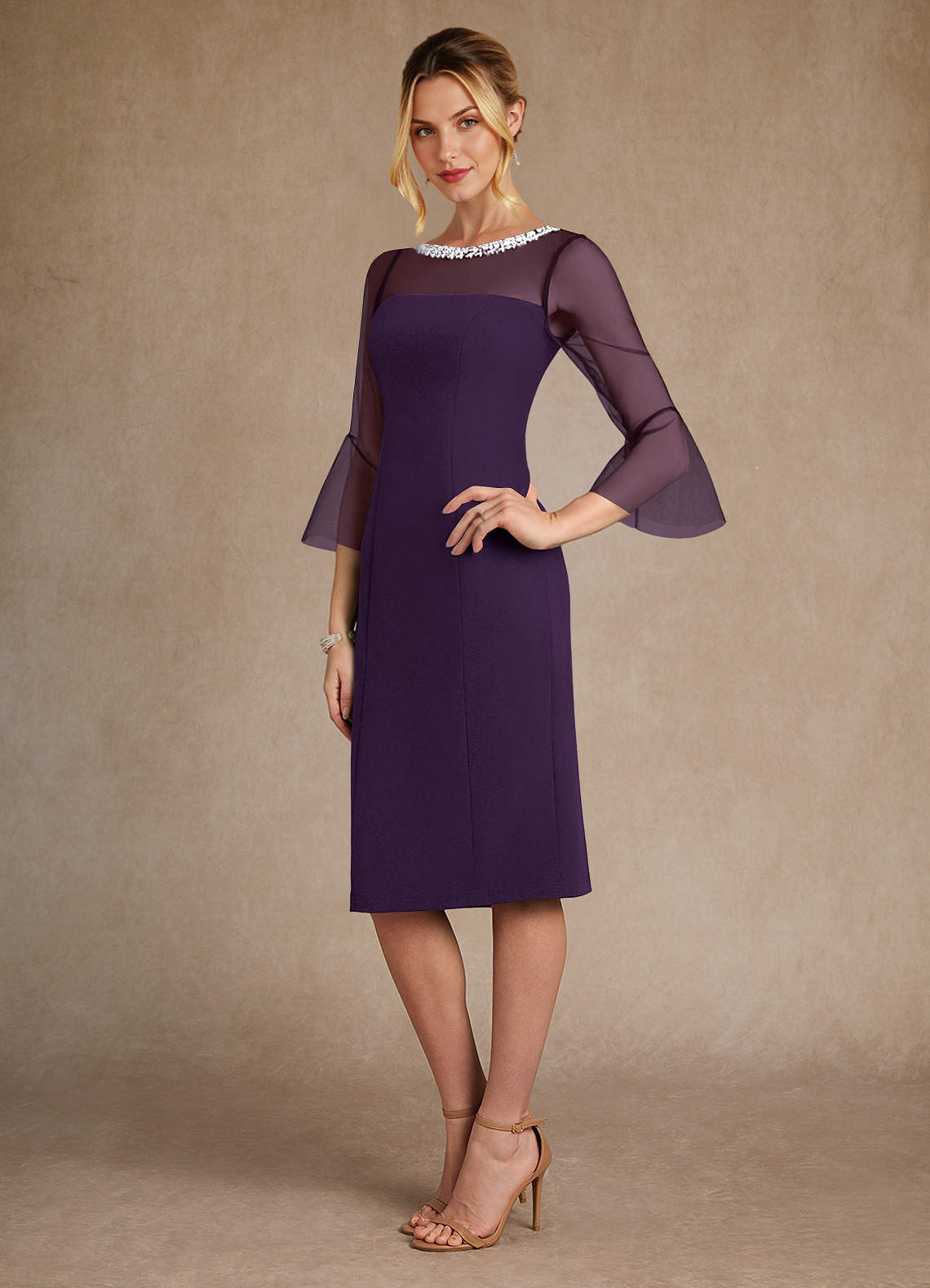 Azazie Bellevue Mother of the Bride Dresses Plum Sheath Beaded Stretch Crepe Dress image1