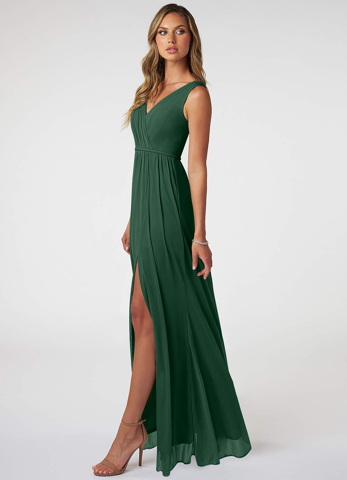 Azazie Tanicia Bridesmaid Dresses Dark Green A-Line V-Neck Pleated Mesh Dress image2
