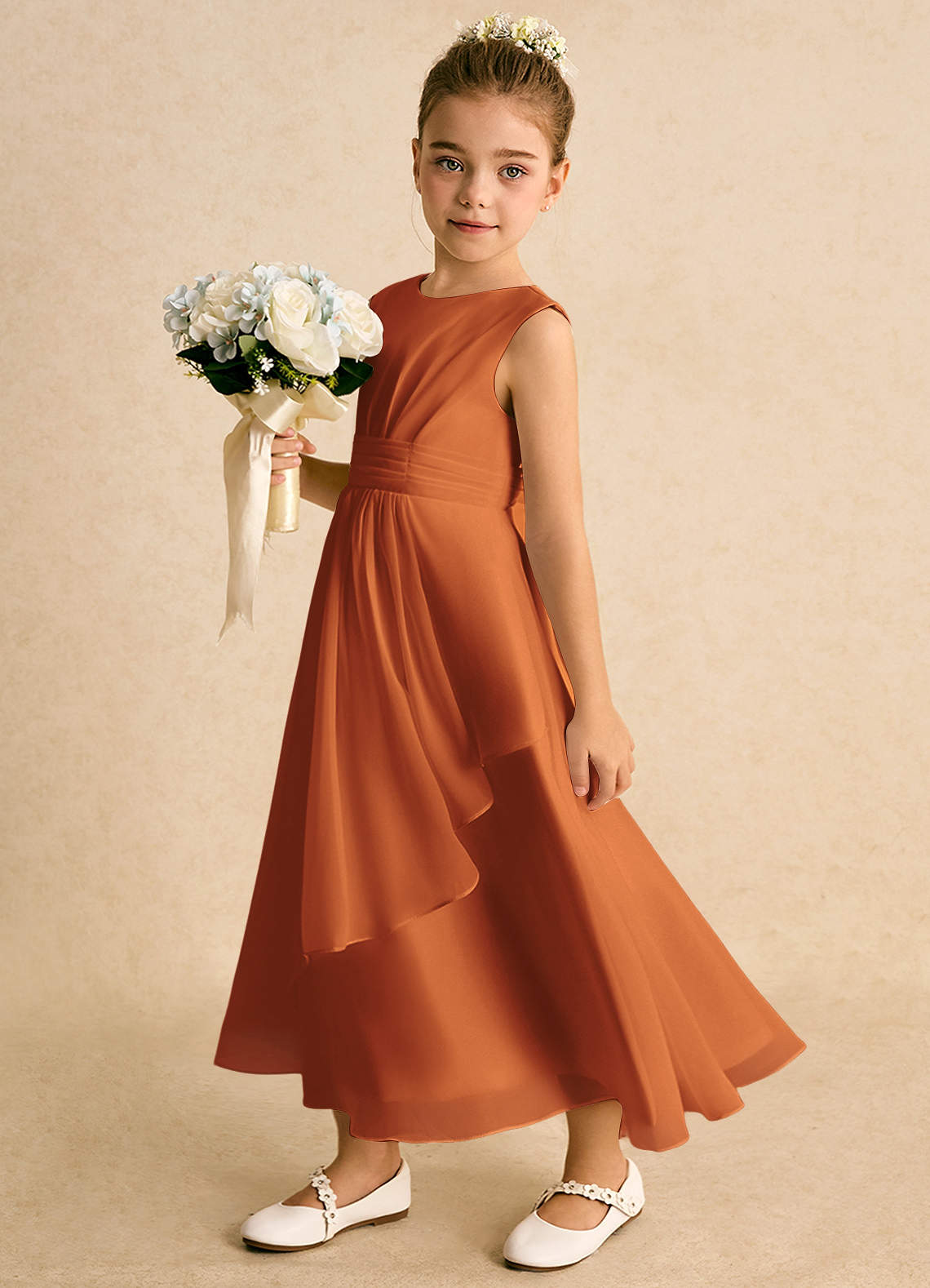 Azazie Edelweiss Flower Girl Dresses Cinnamon A-Line Pleated Chiffon Dress image1