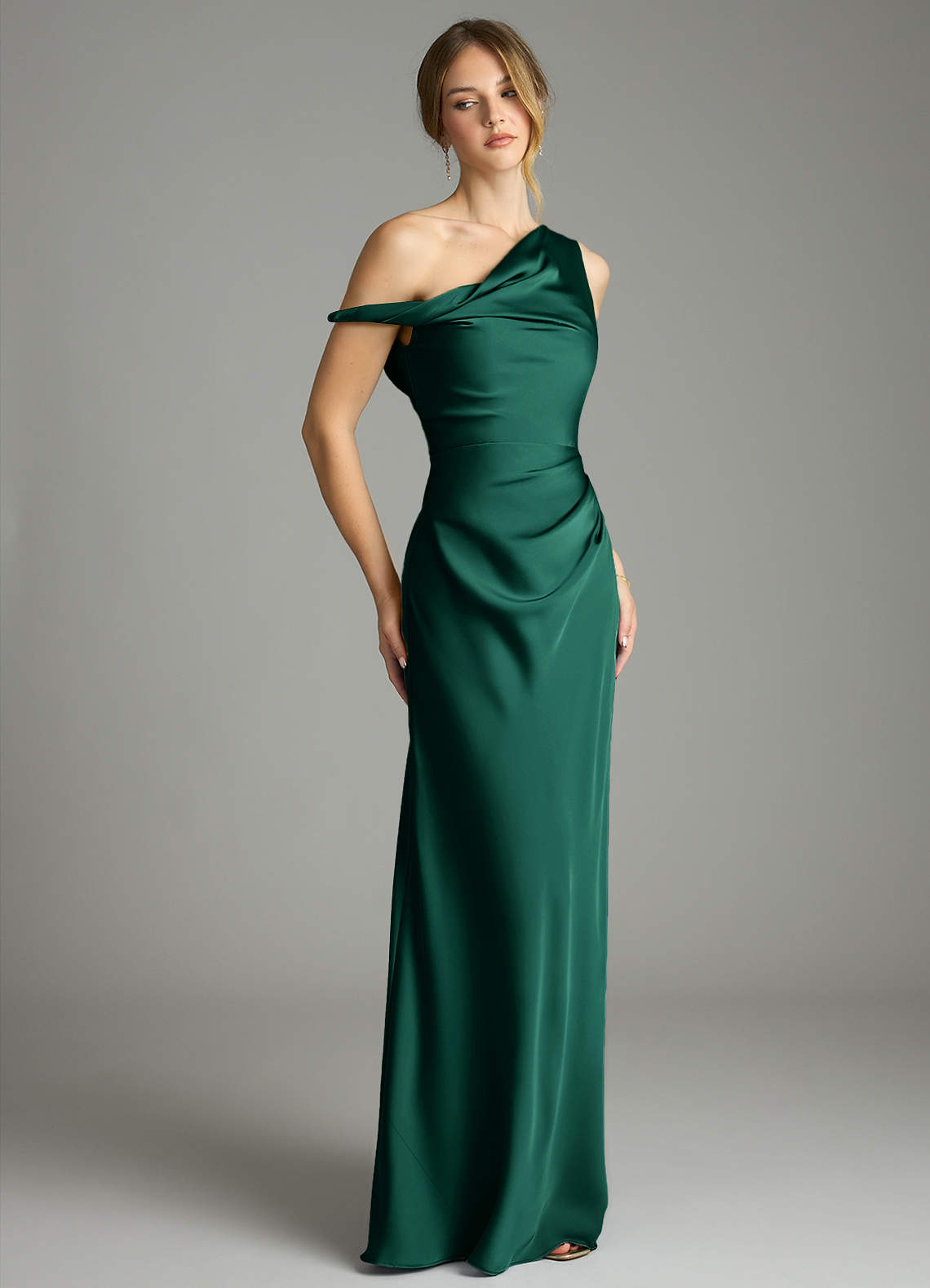 Azazie Emerson At-home Try On Dresses Emerald Mermaid Off the Shoulder Stretch Satin Dress image5