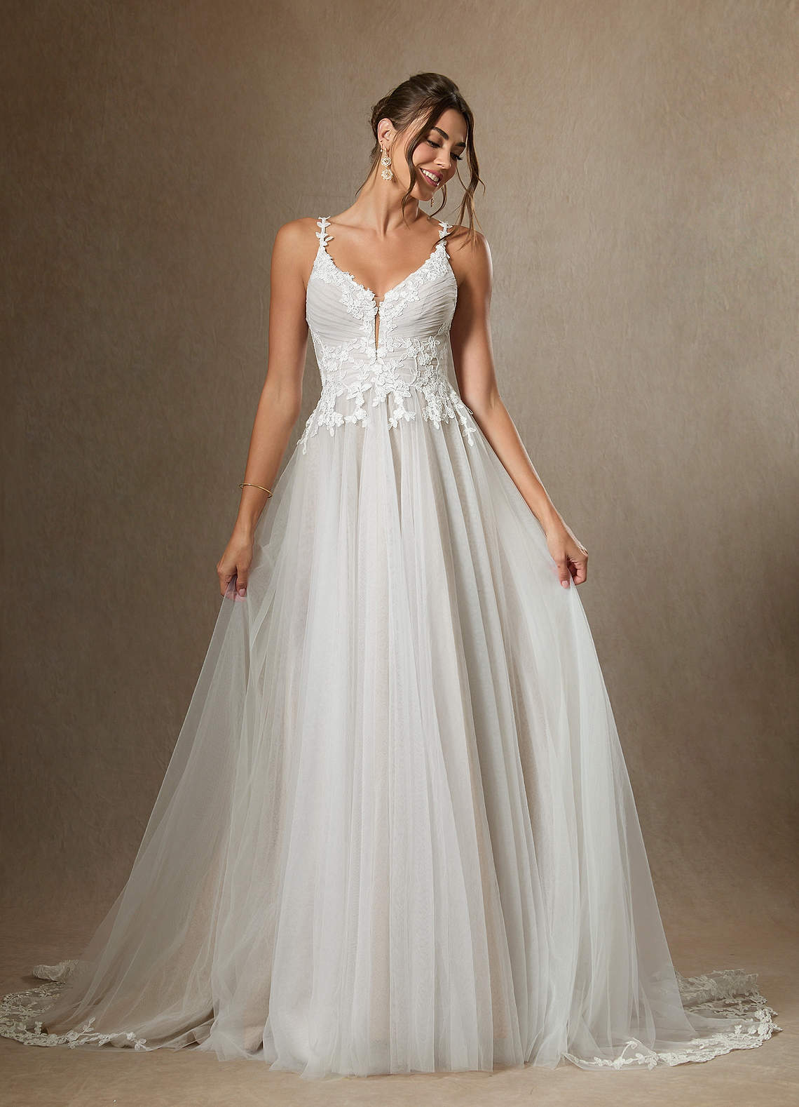 Azazie Devi At-home Try On Dresses Diamond White A-Line V-Neck Lace Tulle Dress image4