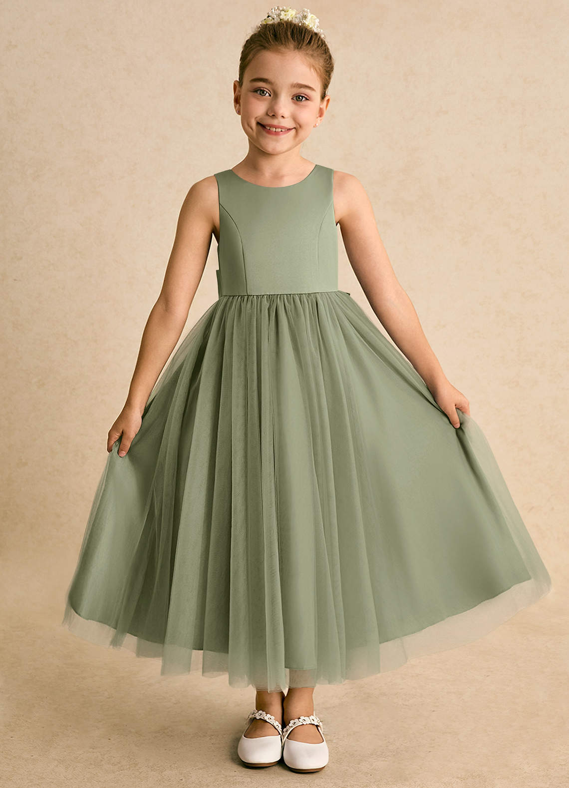 Azazie Solia Robe Demoiselle D'honneur Fillette Robe Princesse en Tulle Arc Pistache image1