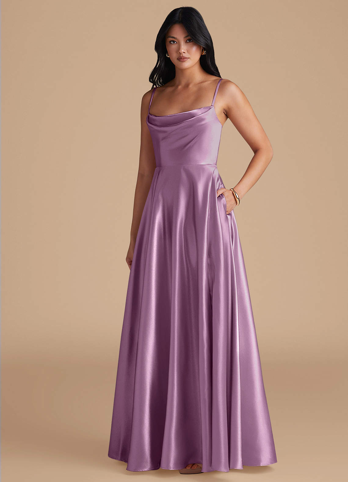 Azazie Elle Bridesmaid Dresses Wisteria A-Line with Pockets Metallic Satin Dress image1