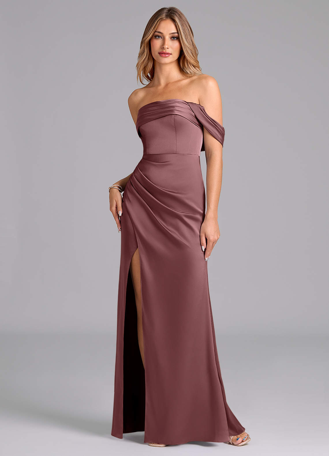 Azazie Lisbeth Bridesmaid Dresses Vintage Mauve Mermaid Off the Shoulder Stretch Satin Convertible Dress image1