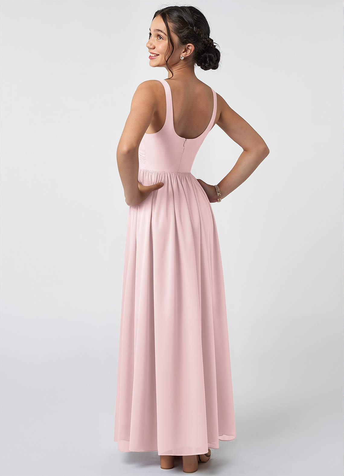 Azazie Keyla Junior Blushing Pink A-Line Pleated Chiffon Dress image3