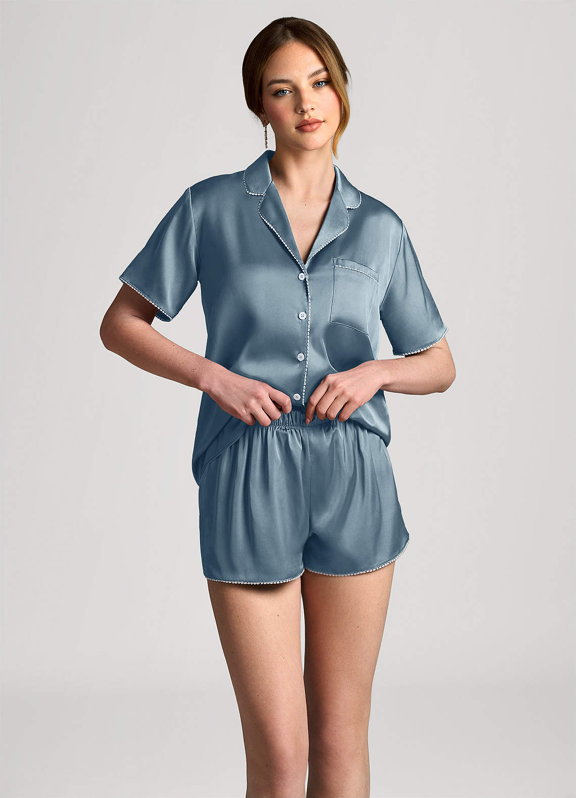 front Satin Lurex Trim Short Sleeve Pajama Set
