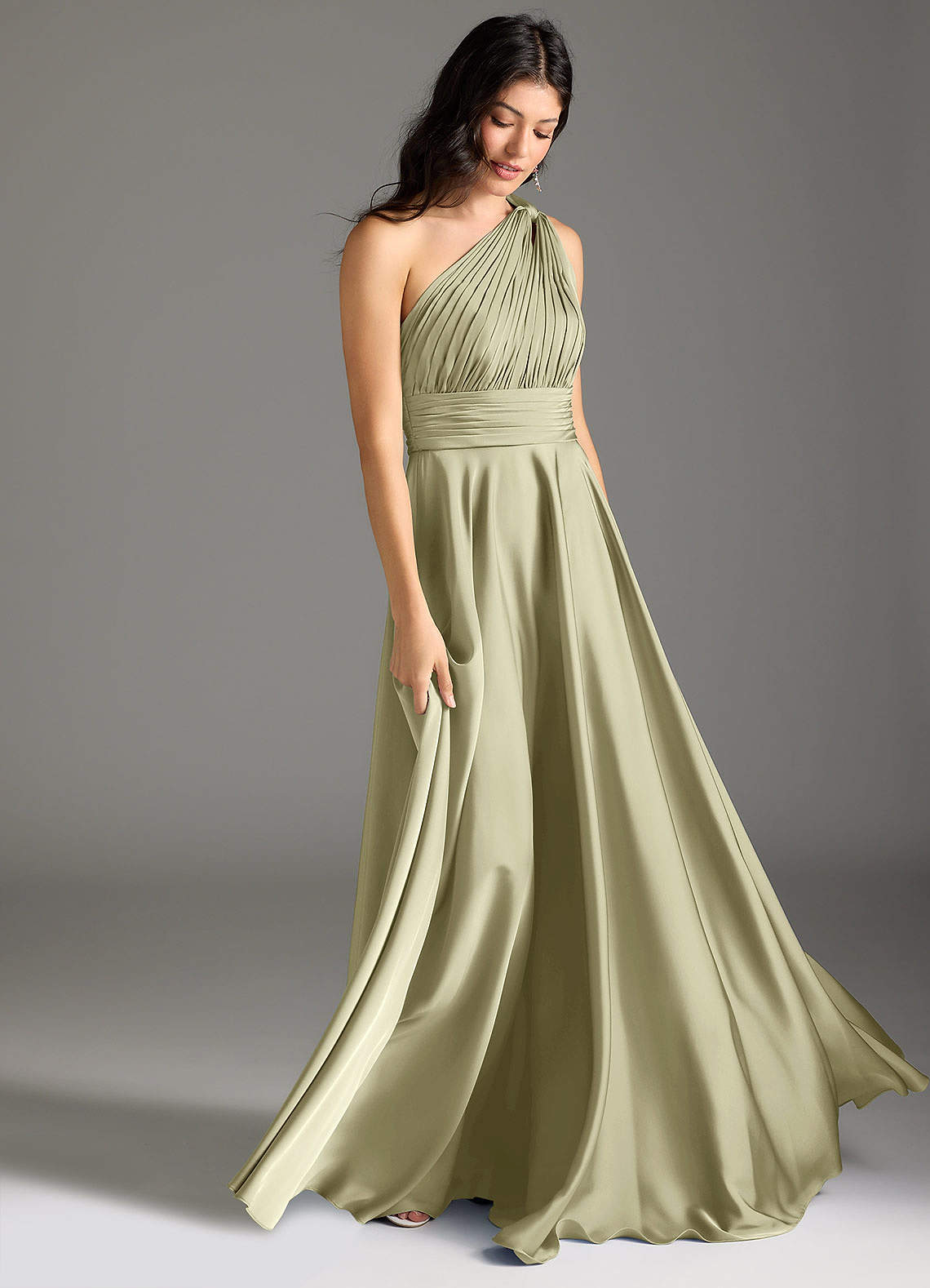 Azazie Charlize Bridesmaid Dresses Pistachio A-Line One Shoulder Stretch Satin Dress image2