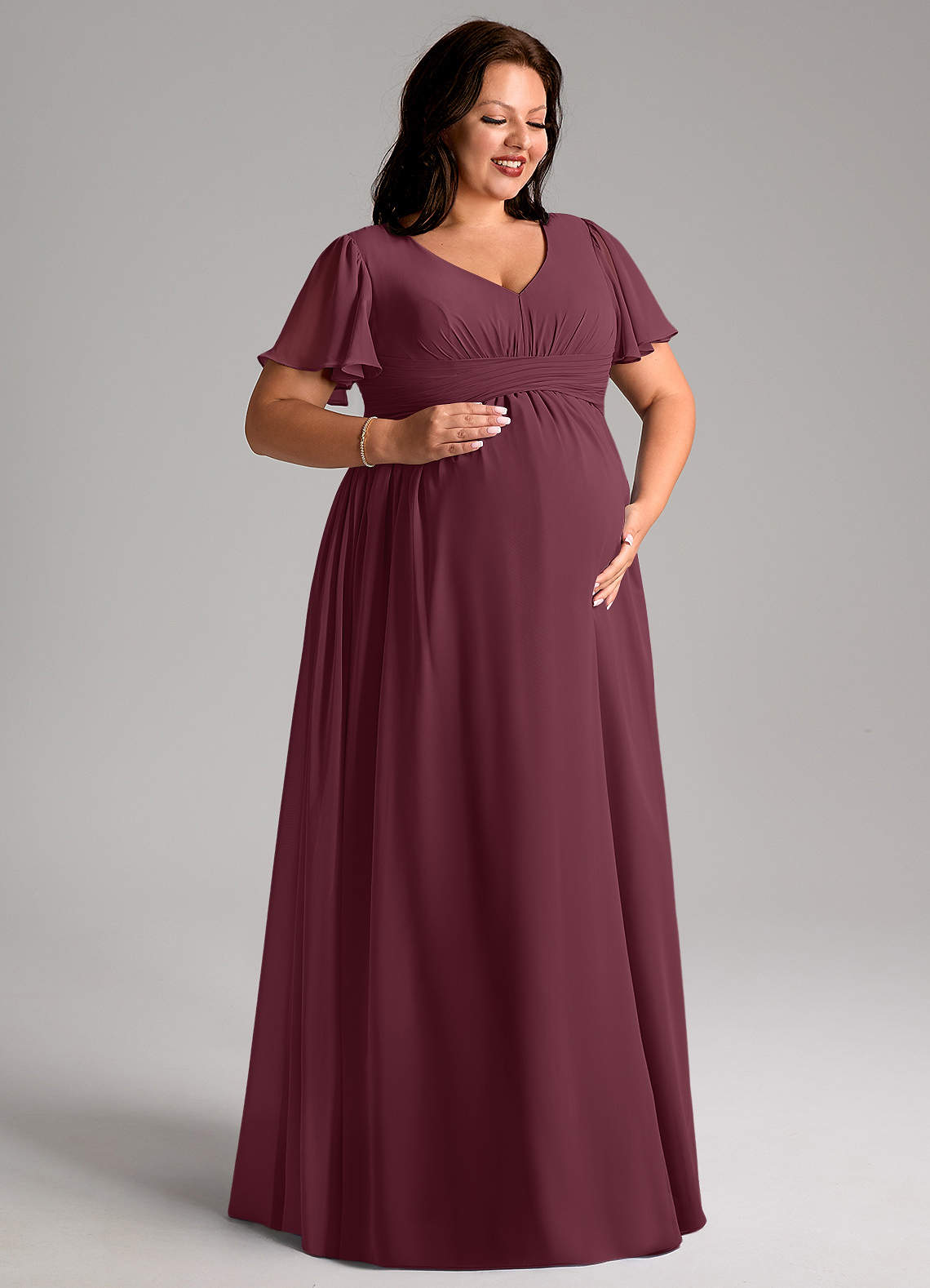 Azazie Verna Maternity Bridesmaid Dresses A-Line V-Neck Ruched Chiffon Floor-Length Dress image9