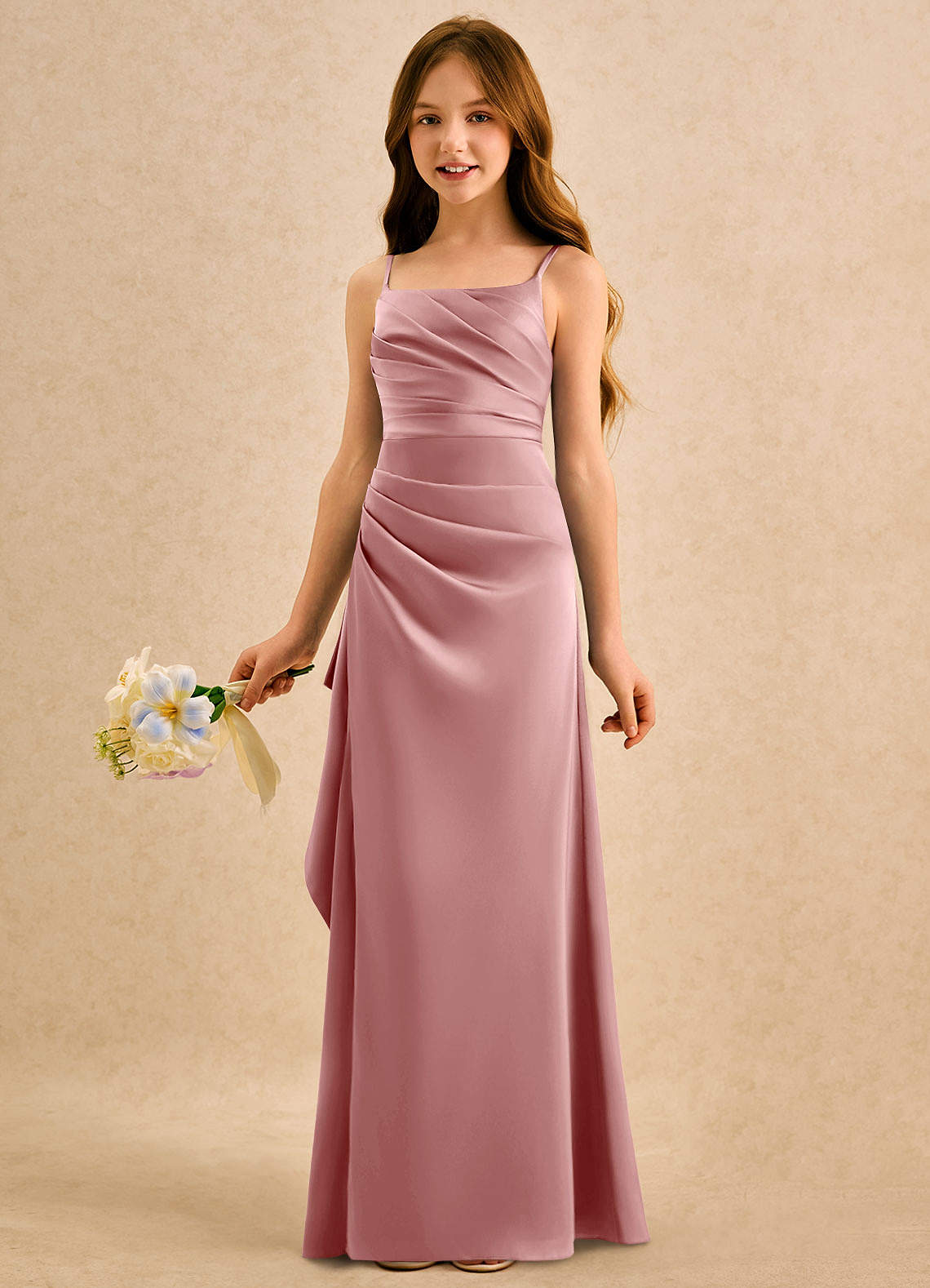 Azazie Cannoli Girls Formal vestidos de niña de las flores Vestido de Rosa Polvorienta de Satén Elástico de Corte en A con Plisado image3