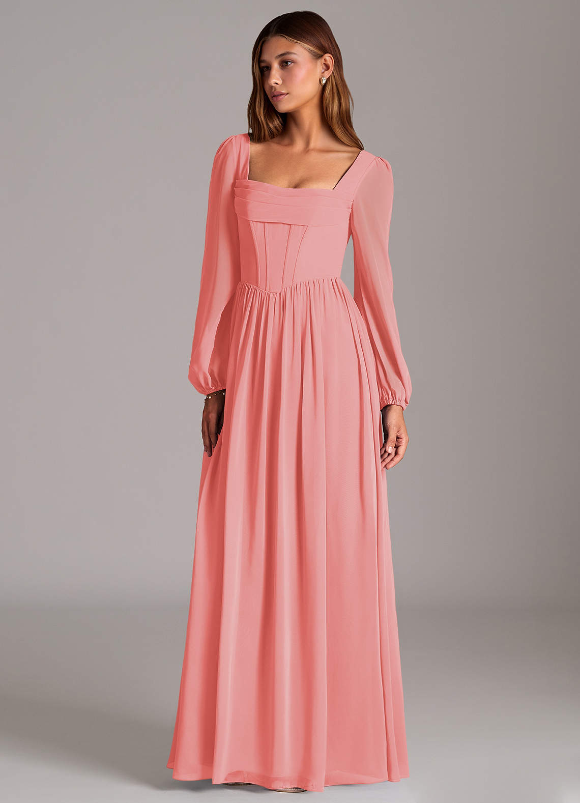 Azazie Maree Robes de demoiselle d'honneur Robe Trapèze en Mousseline de soie Corset Corail image1