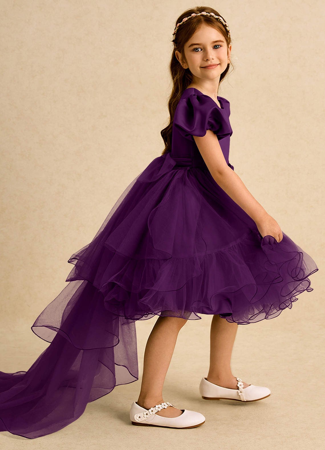 Azazie Cocoa vestidos de niña de las flores Vestido de Uva de Tul de Princesa con Plisado image1