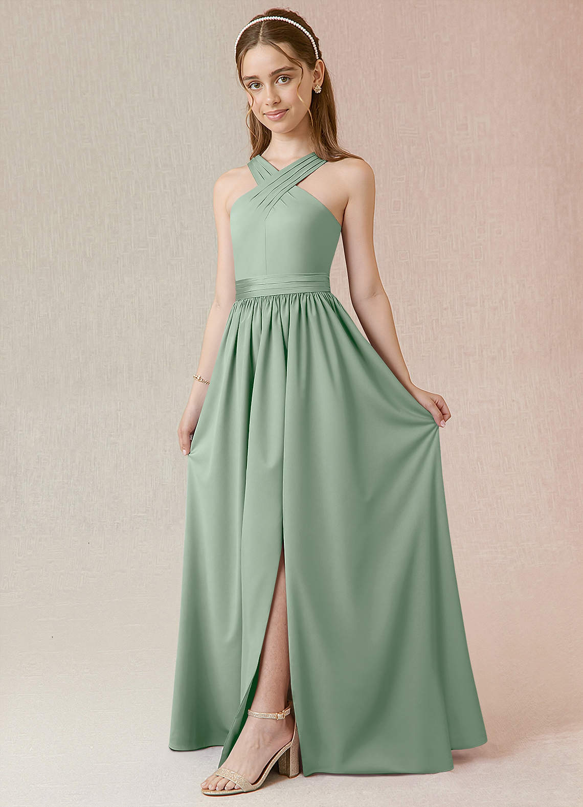 Azazie Jiya Junior Agave A-Line Pleated Stretch Satin Dress image1