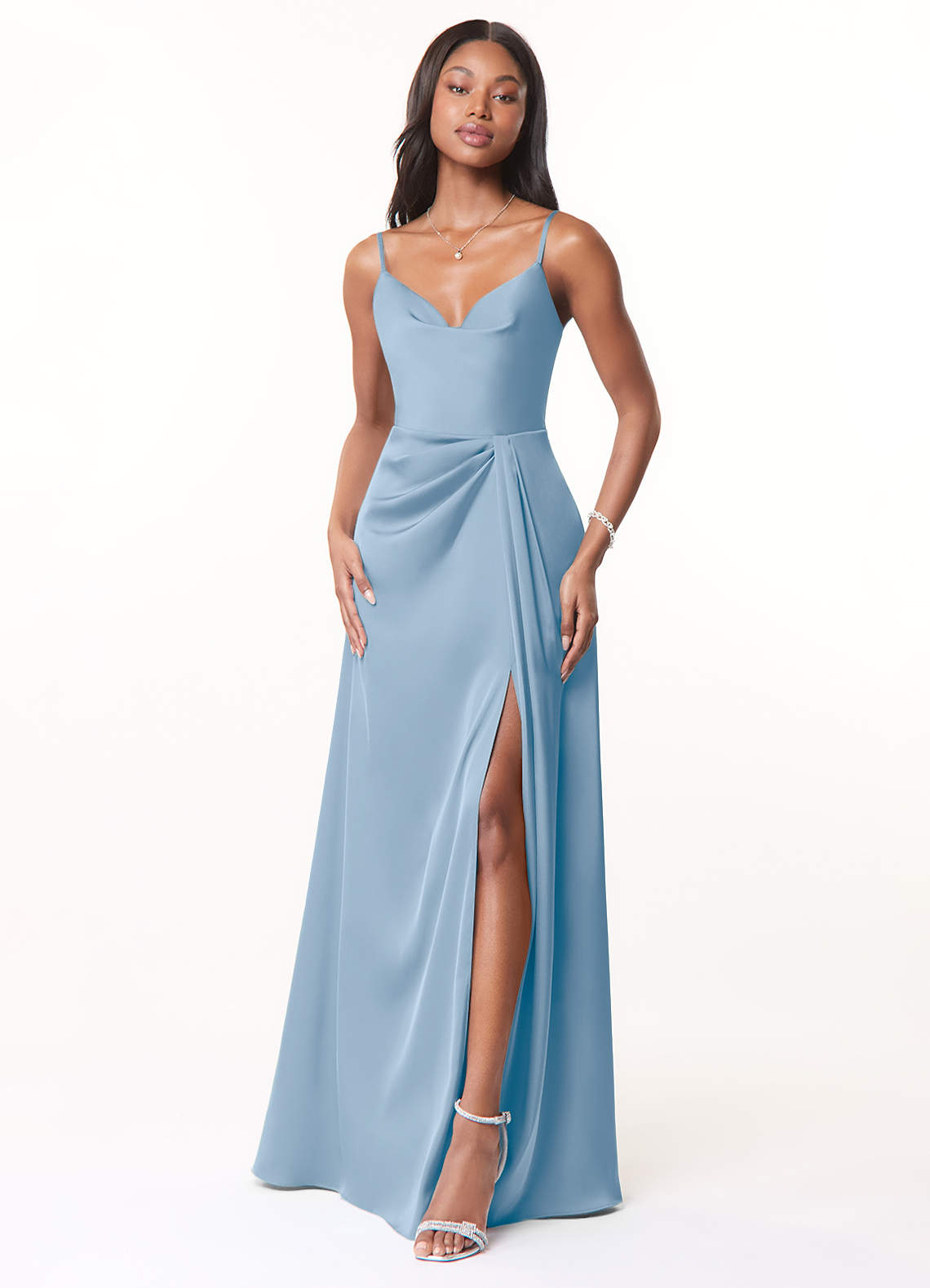 Azazie Brielle Ready to Ship Powder Blue Stretch Satin Bridesmaid