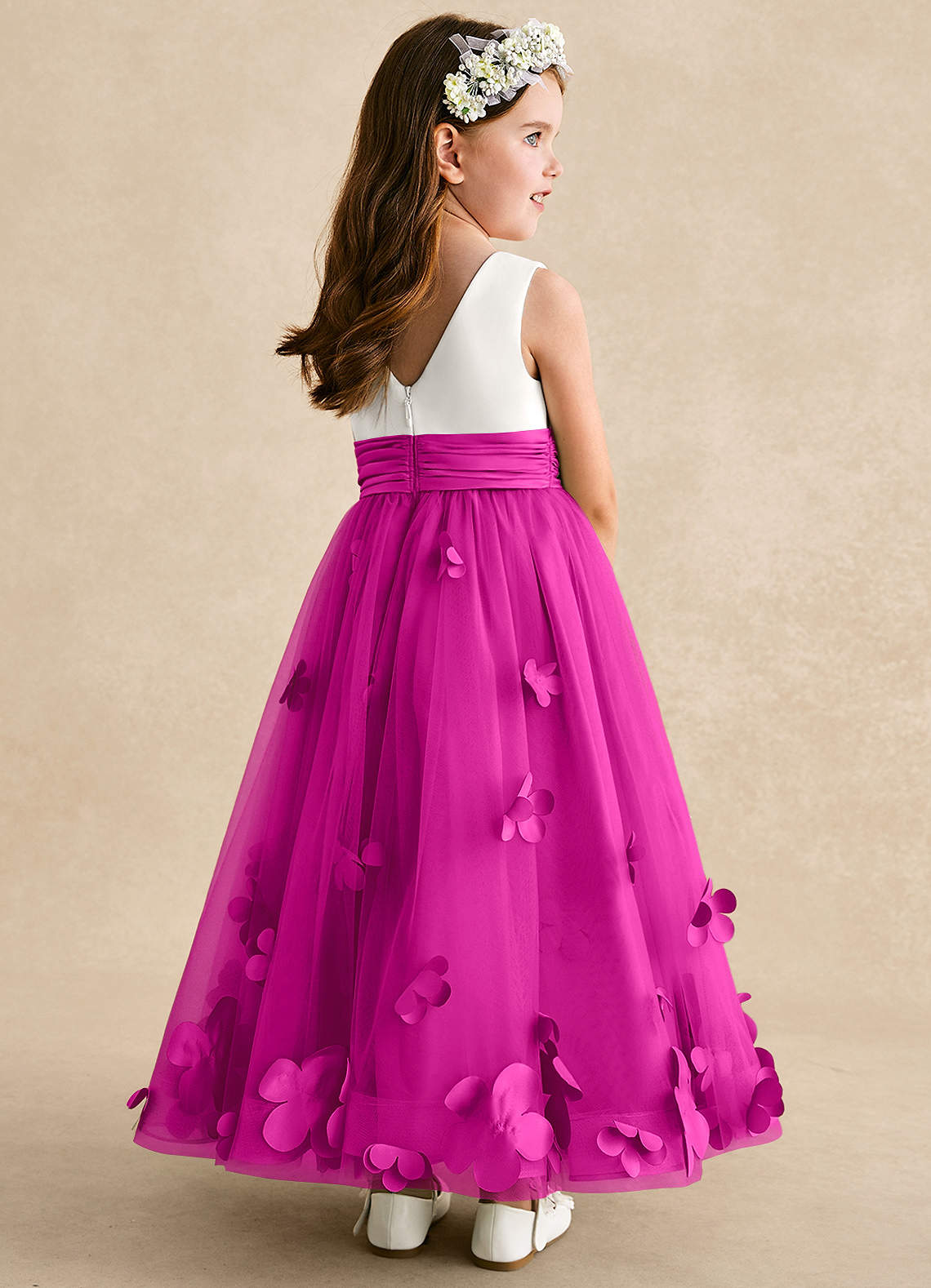 Azazie Vi vestidos de niña de las flores Vestido de Fucsia de Tul de Corte en A con Sin mangas image3
