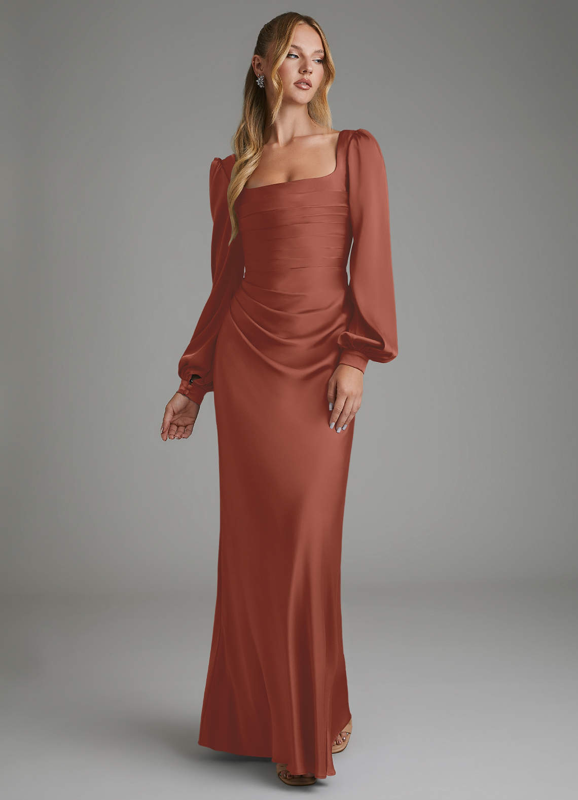 Azazie Mermaid Square Neck Long Sleeve Floor-Length Stretch Satin Bridesmaid Dresses