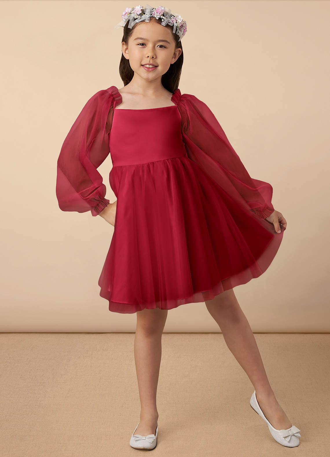 Azazie Aya Blumenmädchenkleider A-Linie mit ärmel Tüll Kleid Scharlachrot image1