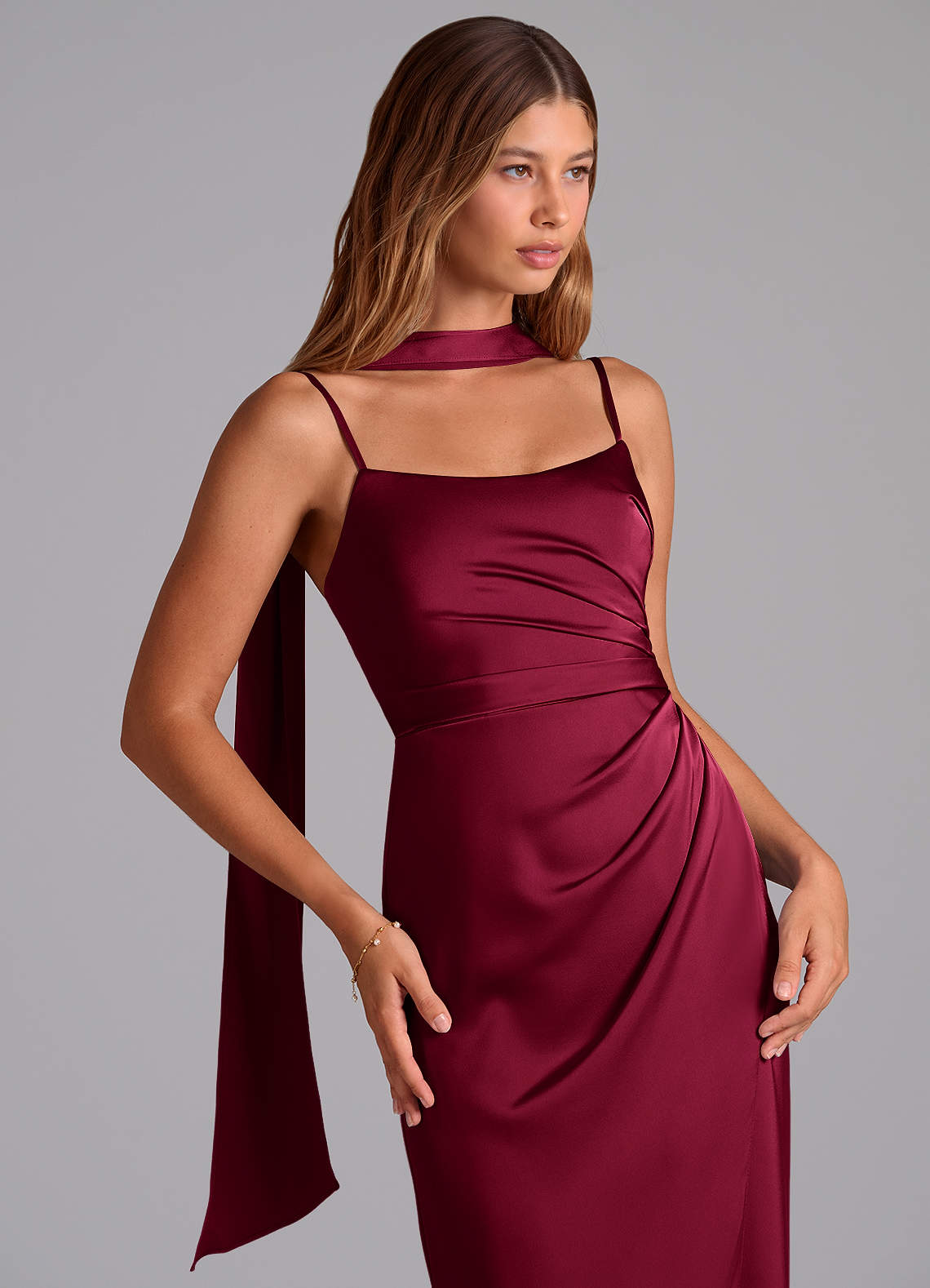 Azazie Calandra Brudtärnklänningar Klä av A-Linje i Stretch Satin Plisserad Bourgogne image4