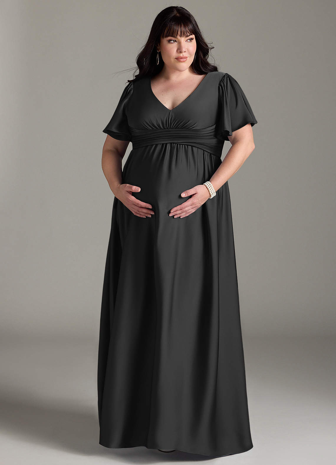 Azazie Verna vestidos de dama de honor de maternidad Vestido de Corte En A Volante Hasta el suelo Satén Elástico image12