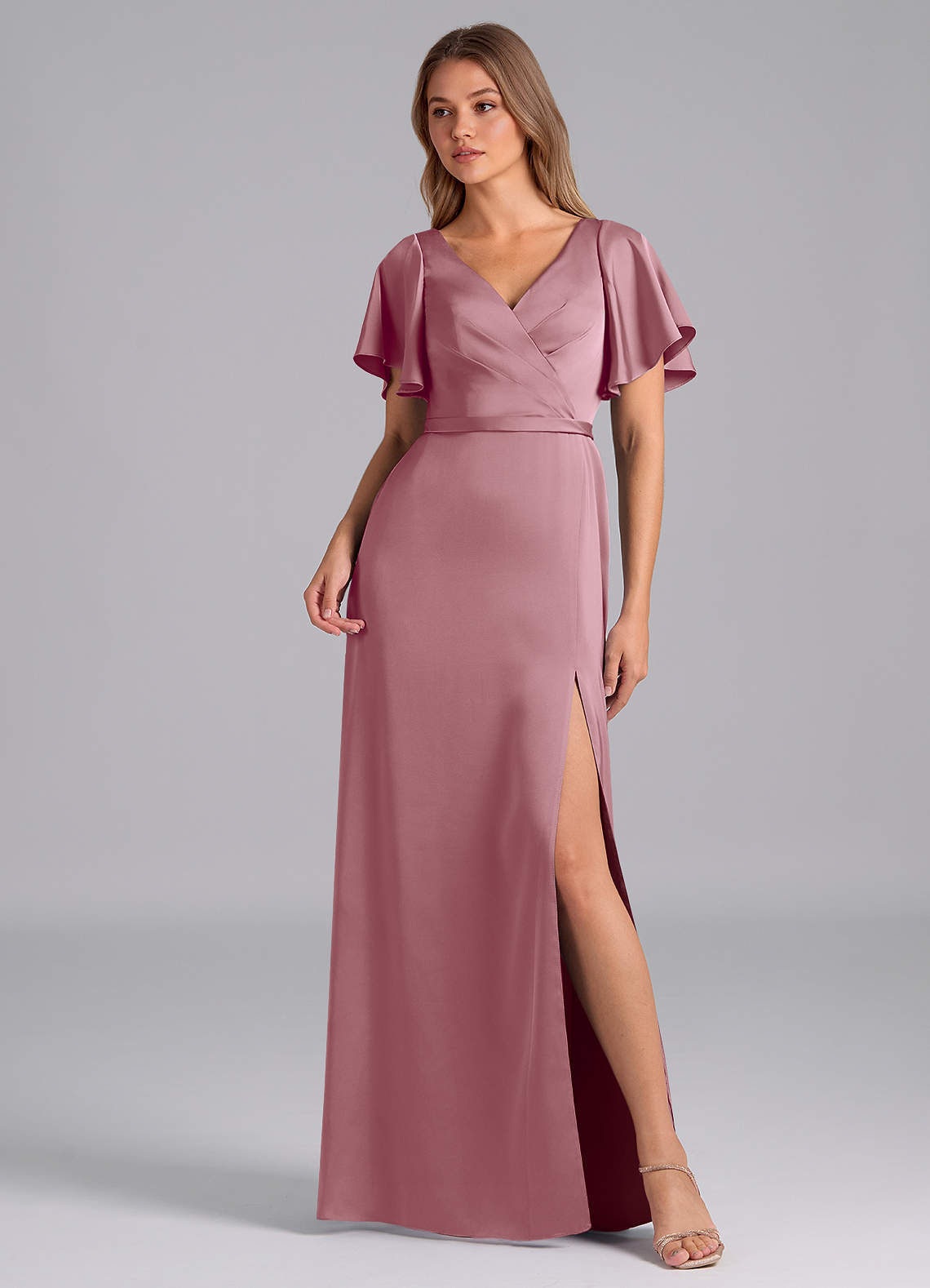 Azazie Ambrosia Bridesmaid Dresses Vintage Mauve A-Line Pleated Stretch Satin Dress image1