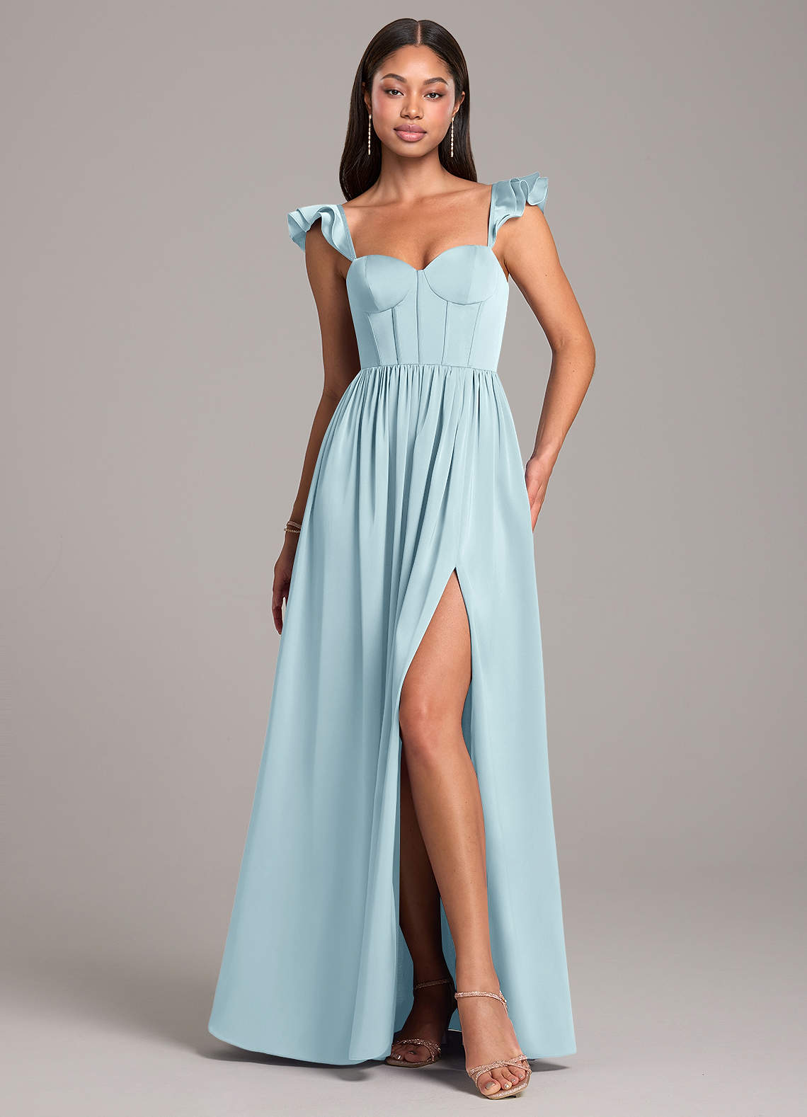 blue satin ruched dress Dusty Blue Formal Dresses Mermaid Stretch Satin Ruched Spaghetti Straps Lace-Up Back Formal Dress