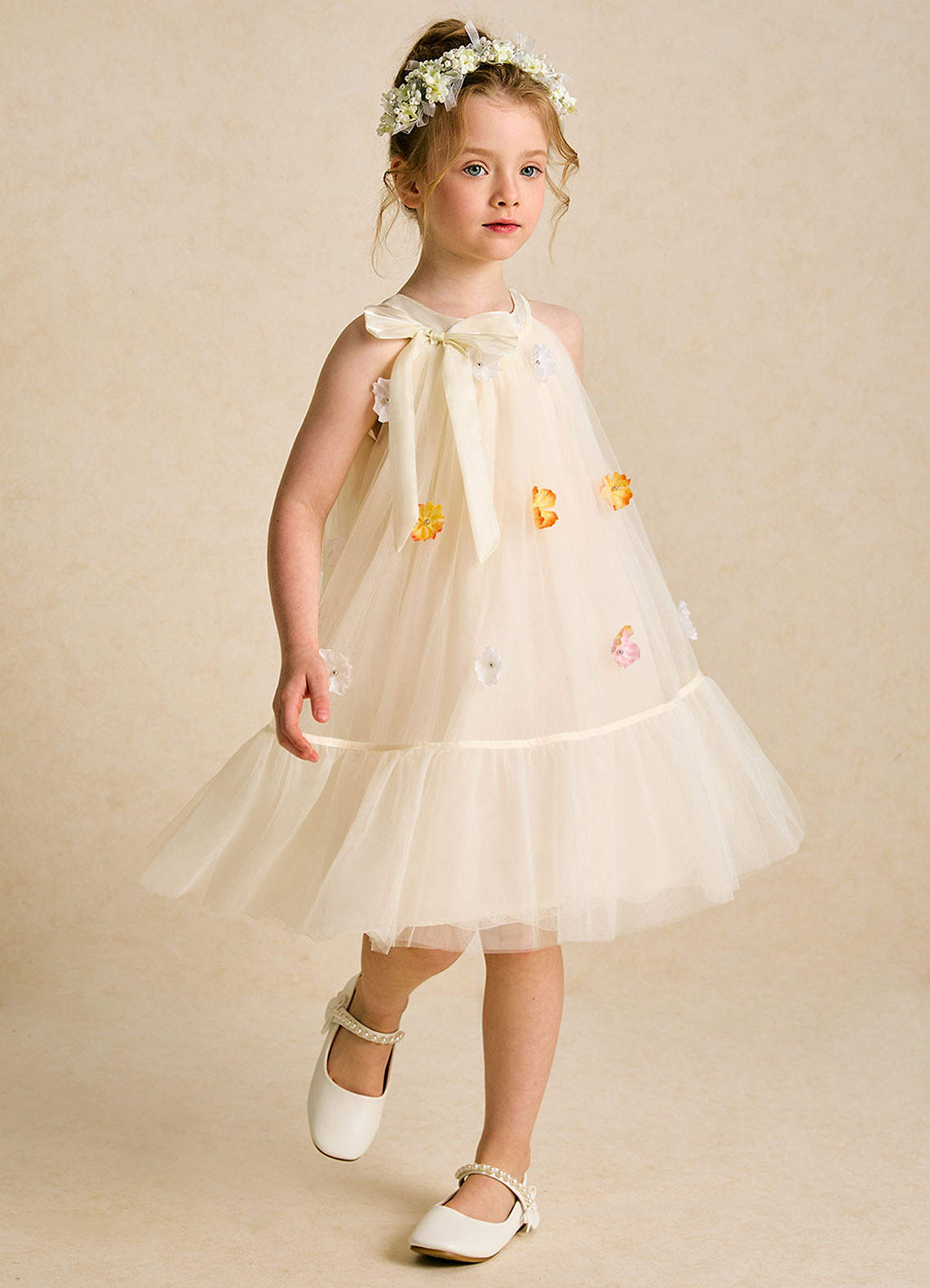 Azazie Lemon Flower Girl Dresses Champagne A-Line Bow Tulle Dress image3