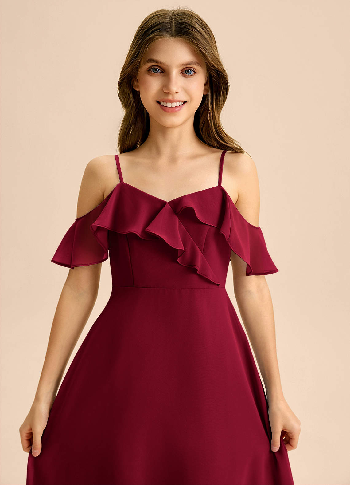 Azazie Kamilla Junior Abito A-Line in Chiffon a Spalla Scoperta Borgogna image6